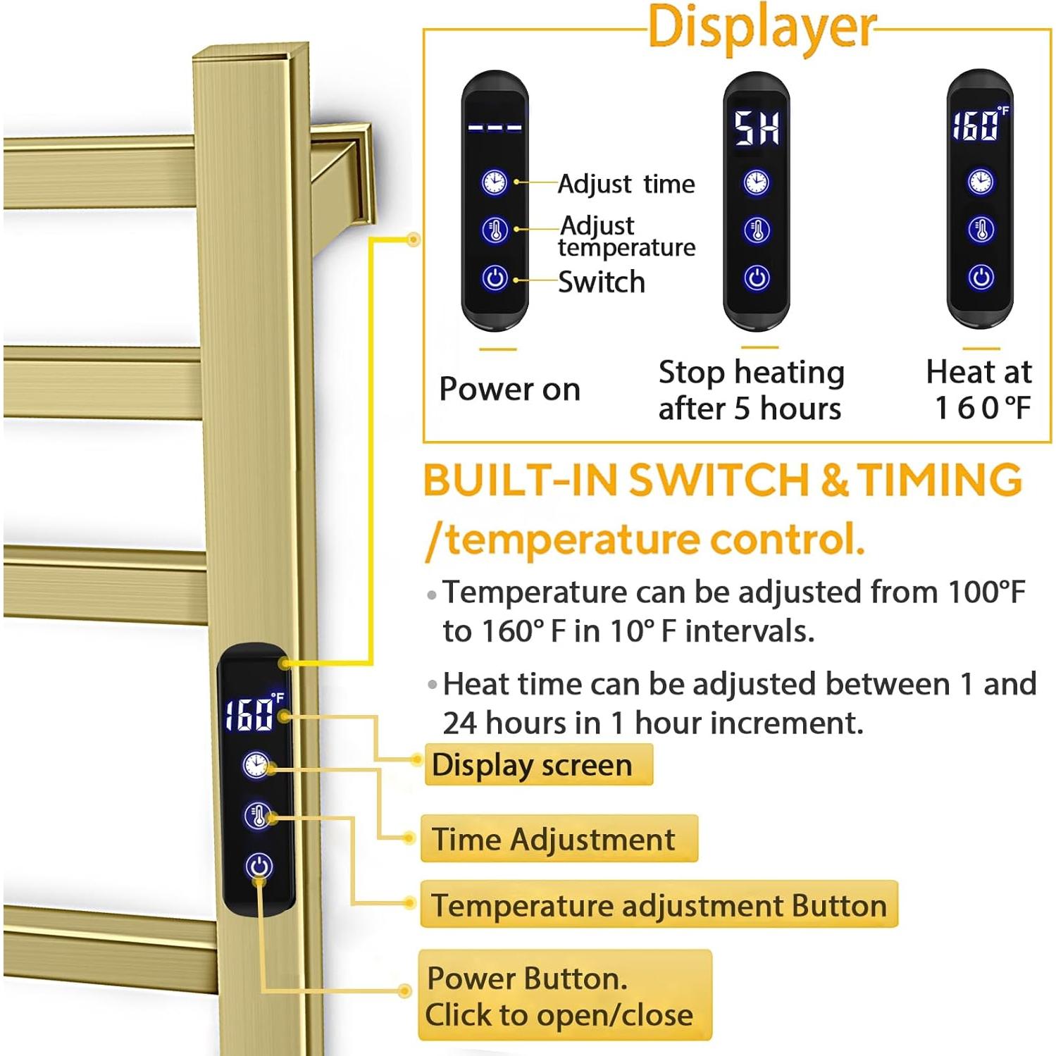 Toallero Calentador Eléctrico XBVV 10 Barras Oro Cepillado