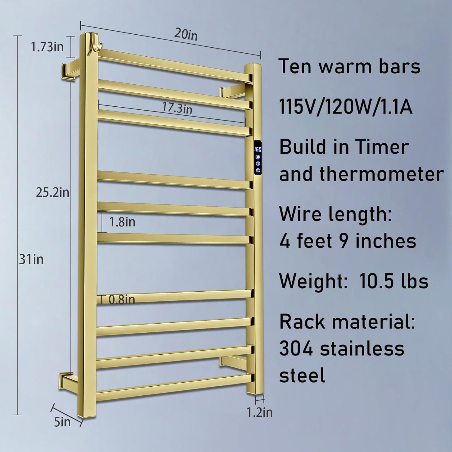 Toallero Calentador Eléctrico XBVV 10 Barras Oro Cepillado