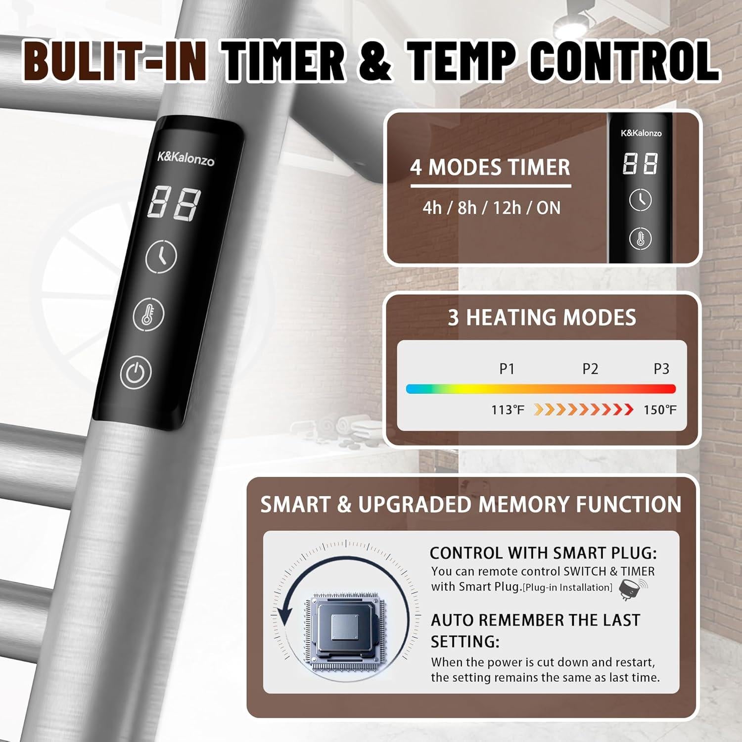 Calentador de Toallas Eléctrico K&KALONZO 9 Barras 80x50cm