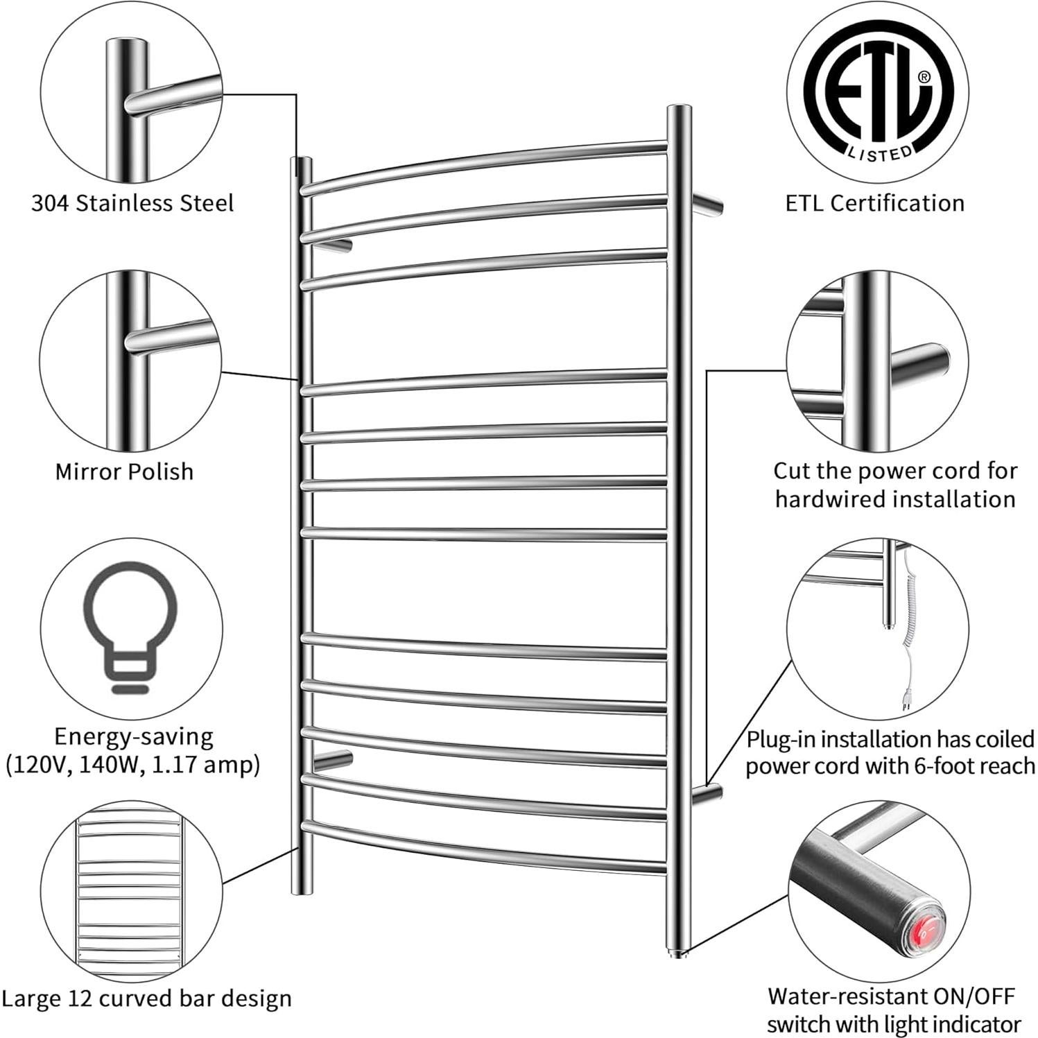 Calentador de Toallas HEATGENE Montaje en Pared 12 Barras 140W