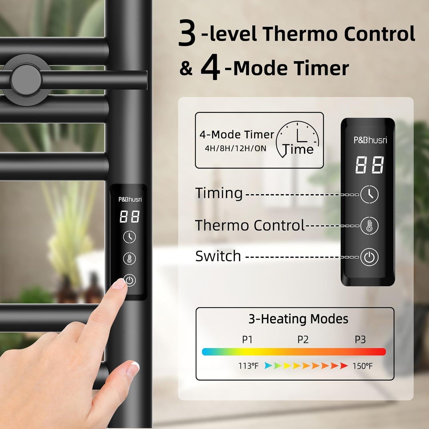 Calentador de Toallas Eléctrico P&Bhusri 60 cm Negro Mate