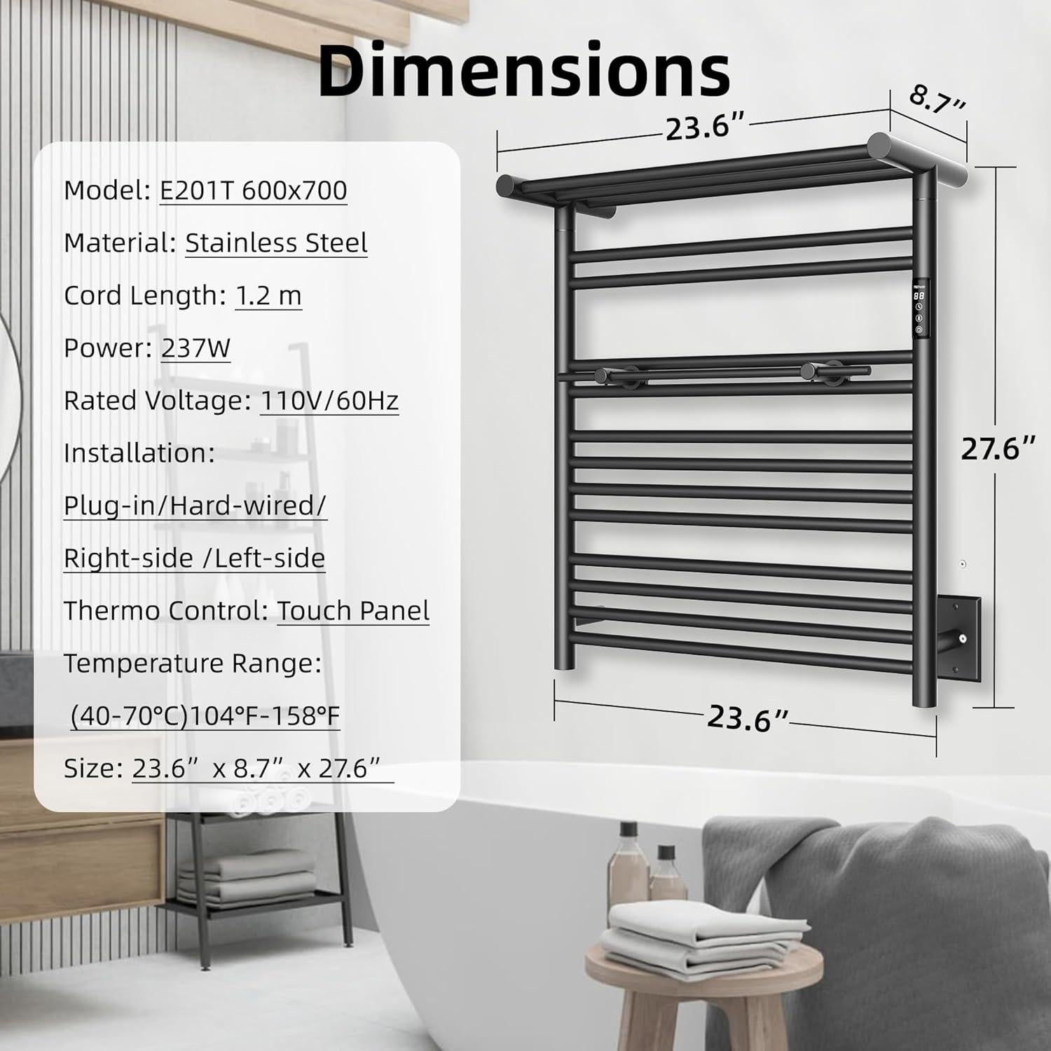 Calentador de Toallas Eléctrico P&Bhusri 60 cm Negro Mate