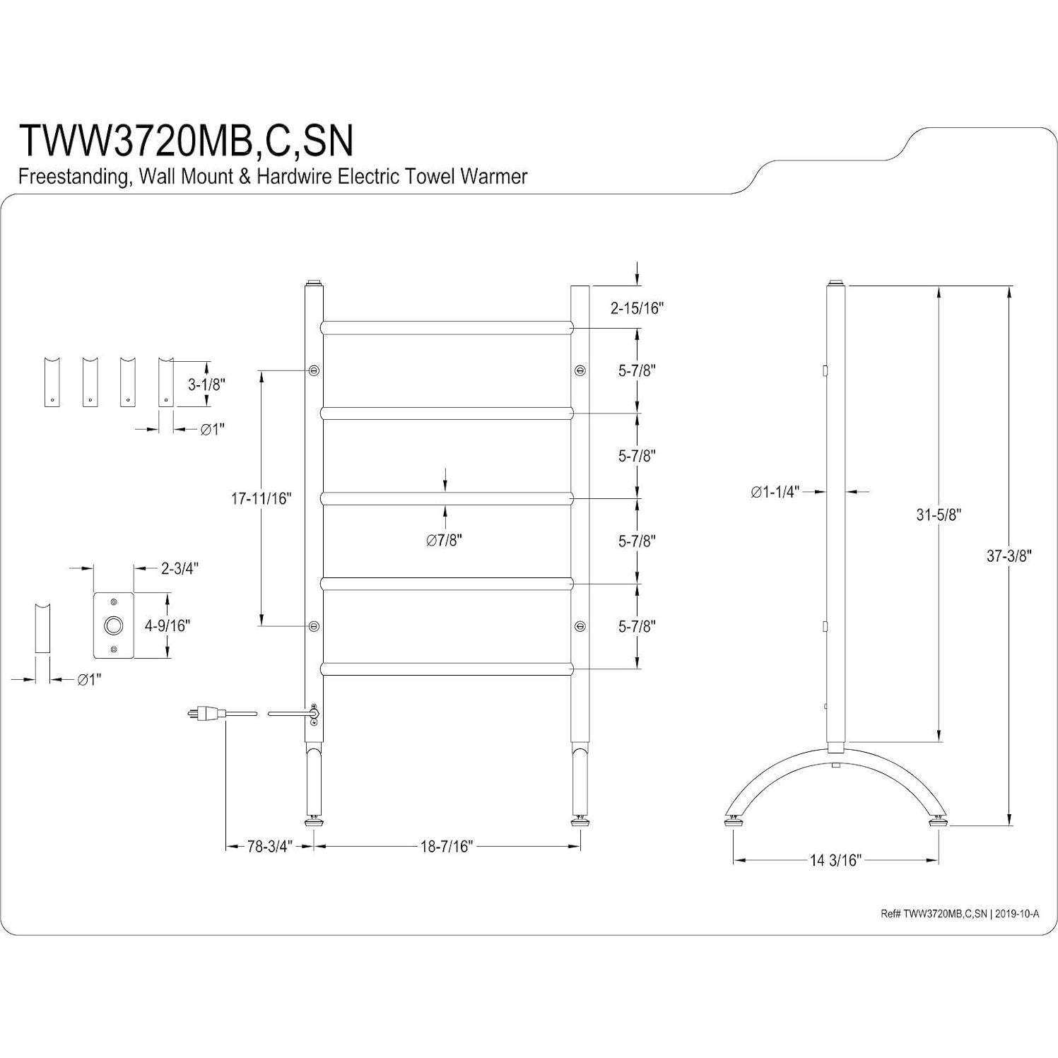 Calentador de Toallas Kingston Brass TWW3720SN Níquel Cepillado