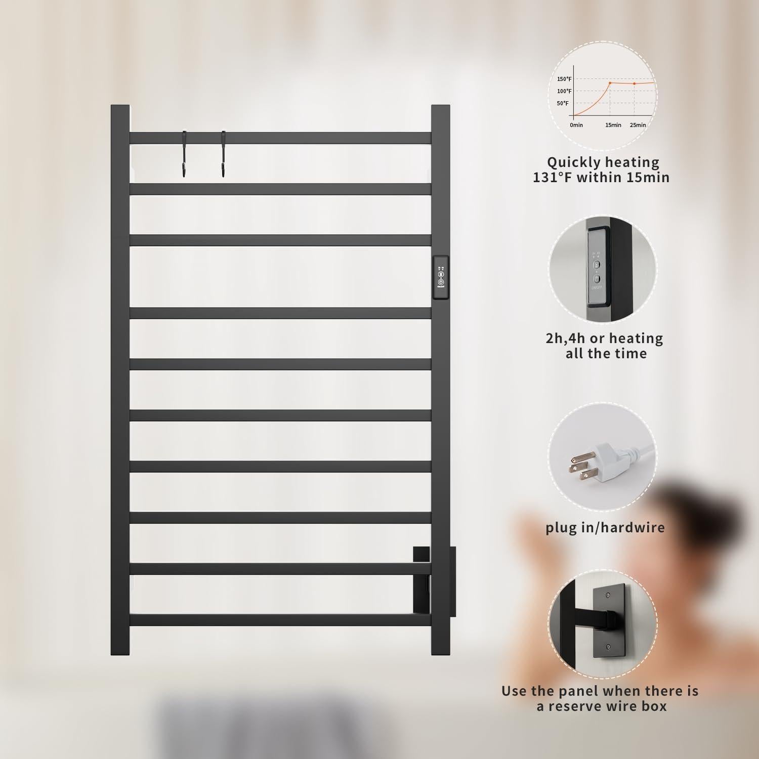 Calentador de Toallas NORTTA 10 Barras Acero Inoxidable Negro 53x86 cm