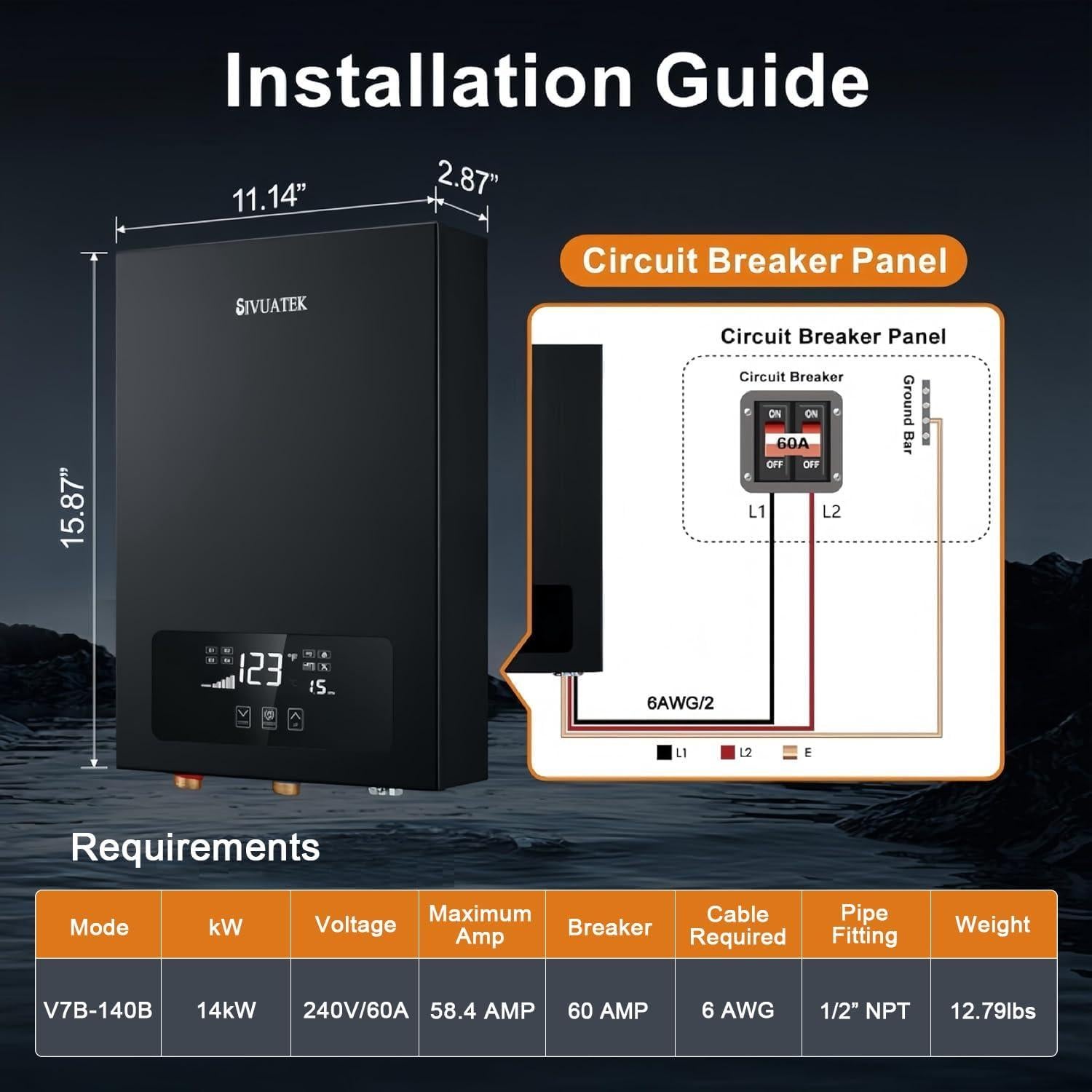 Calentador de Agua Eléctrico Sin Tanque SIVUATEK 14kW 240V