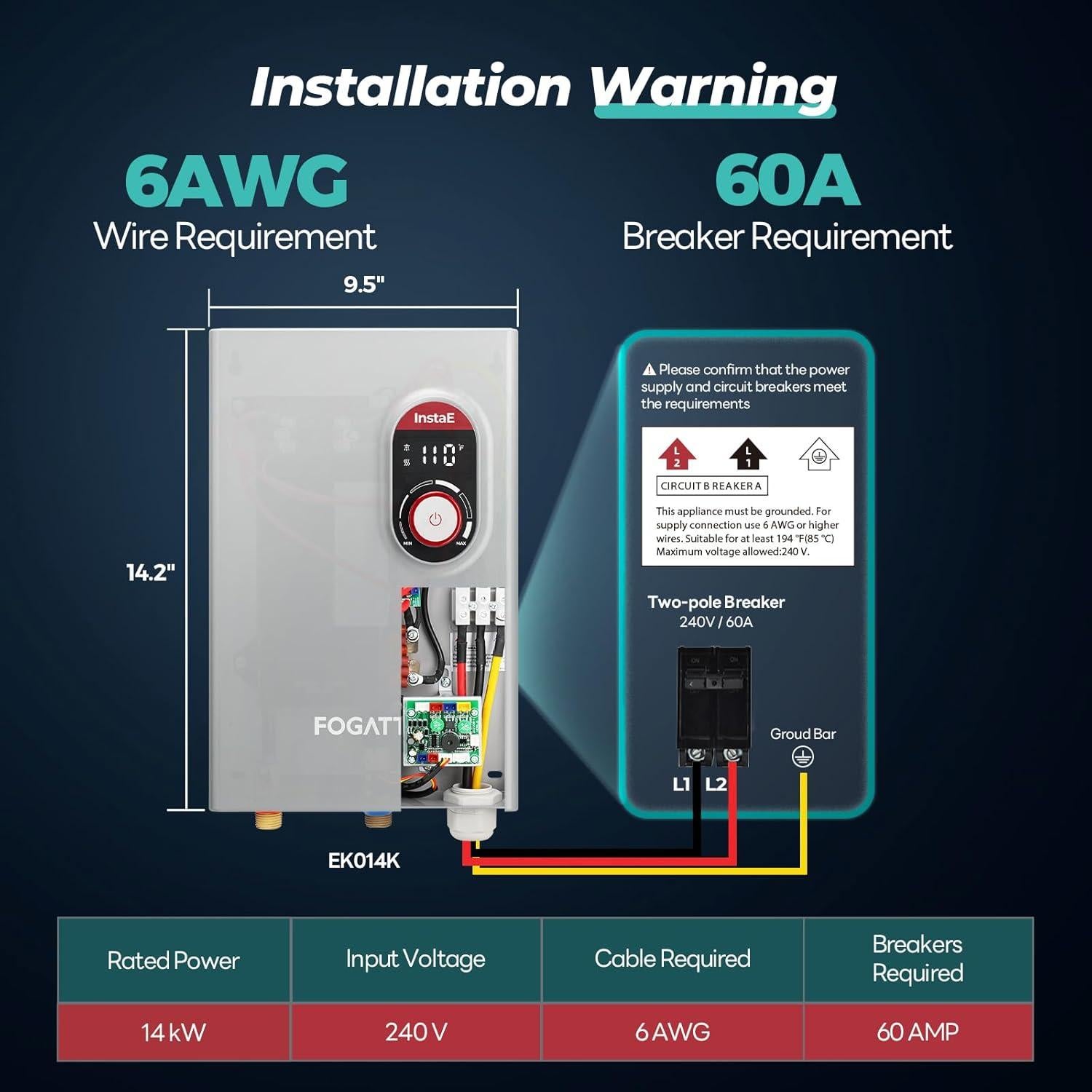 Calentador de Agua Eléctrico FOGATTI 14kW Sin Tanque 12.5 LPM