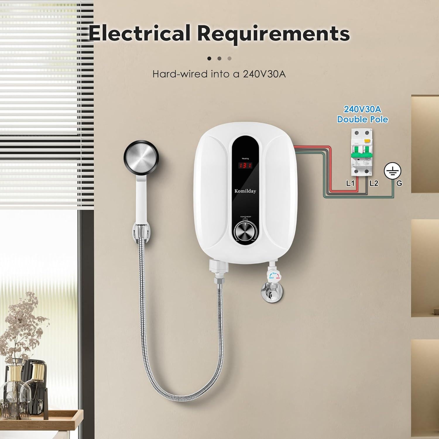 Calentador de Agua Eléctrico Sin Tanque Komilday 6500W 240V