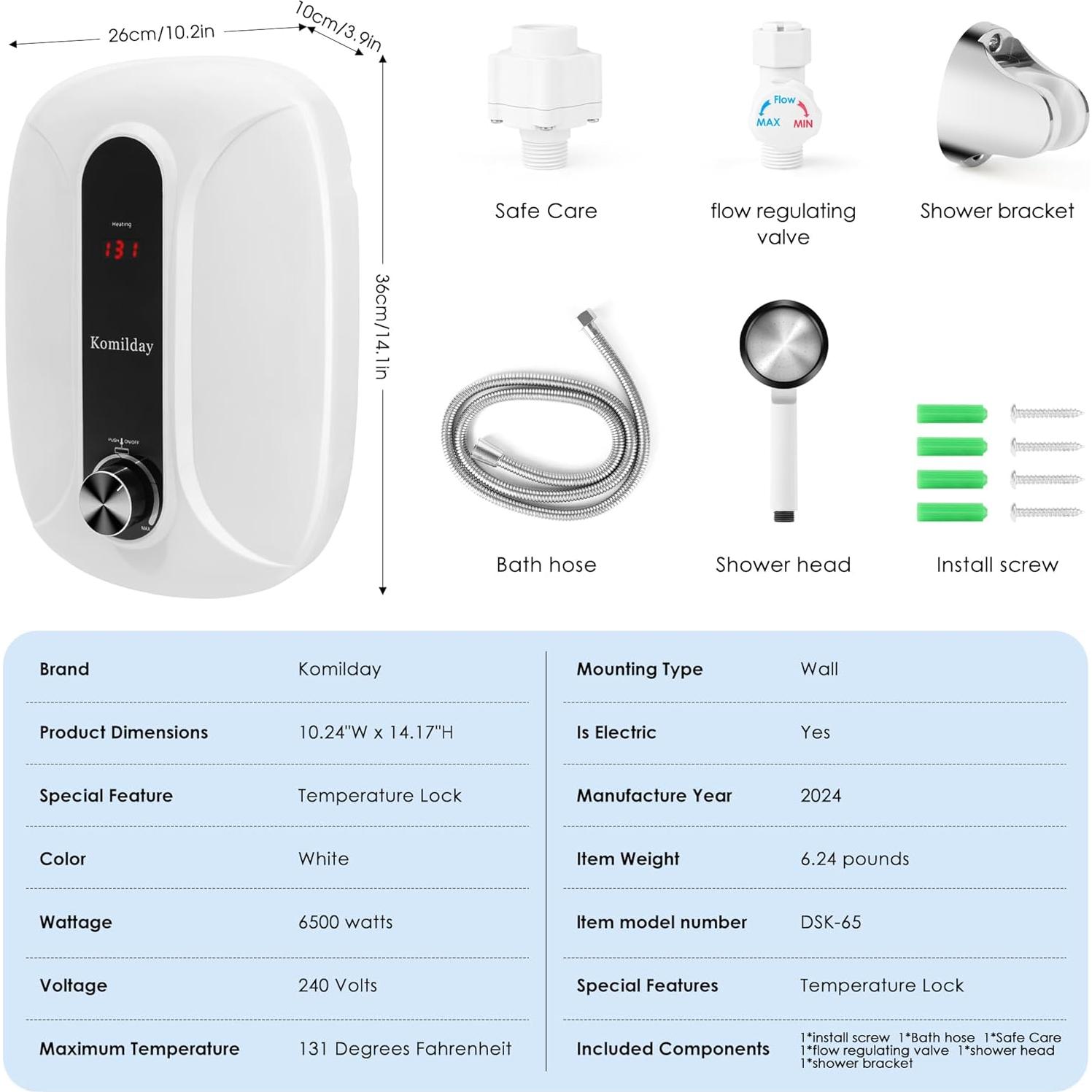 Calentador de Agua Eléctrico Sin Tanque Komilday 6500W 240V