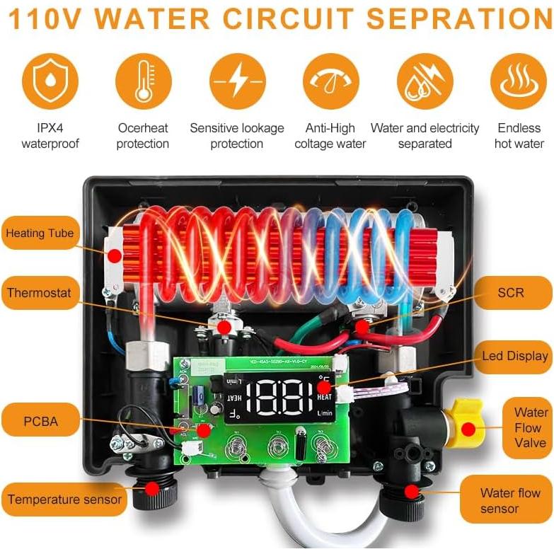 Calentador de Agua Eléctrico Sin Tanque HNK 3500W 110V Negro