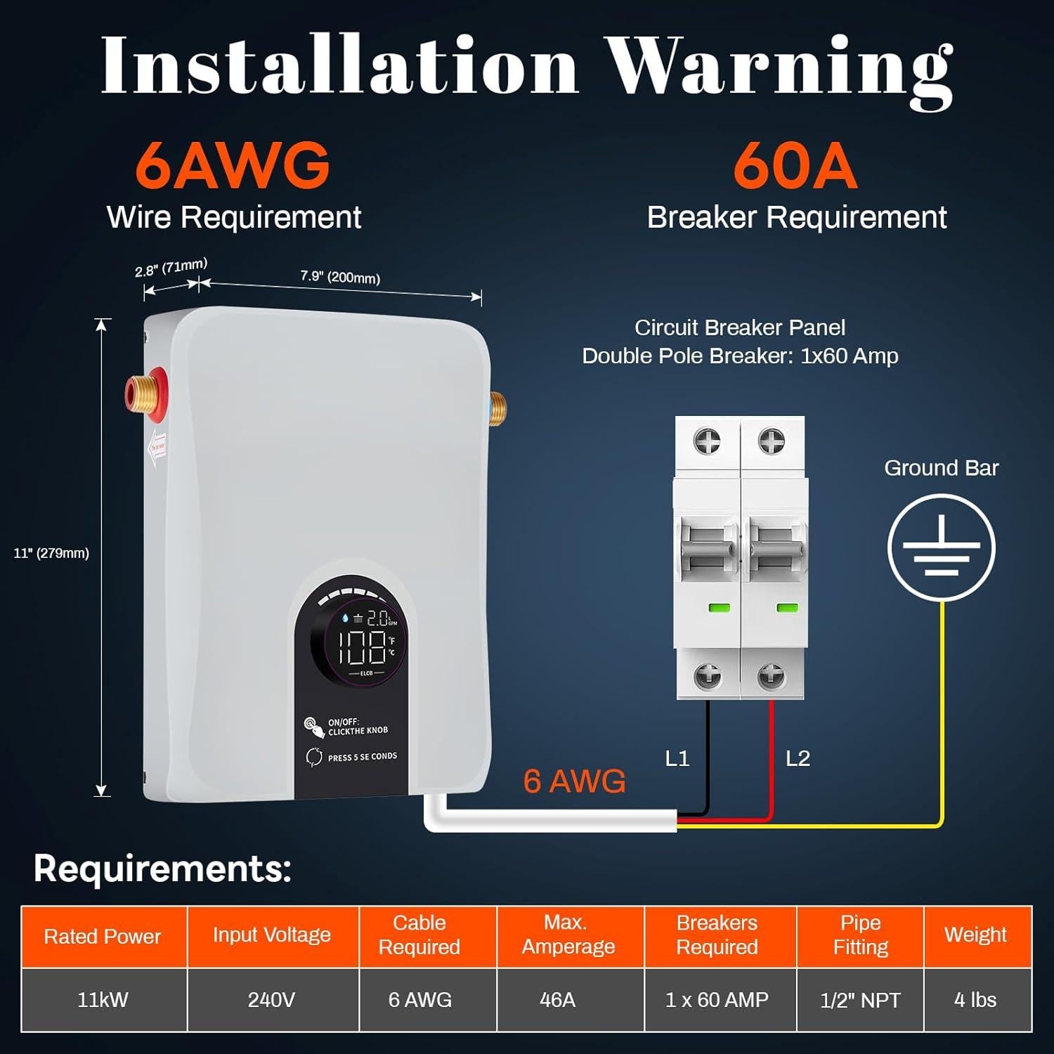 Calentador de Agua Eléctrico Sin Tanque LiberLive 11kW 240V