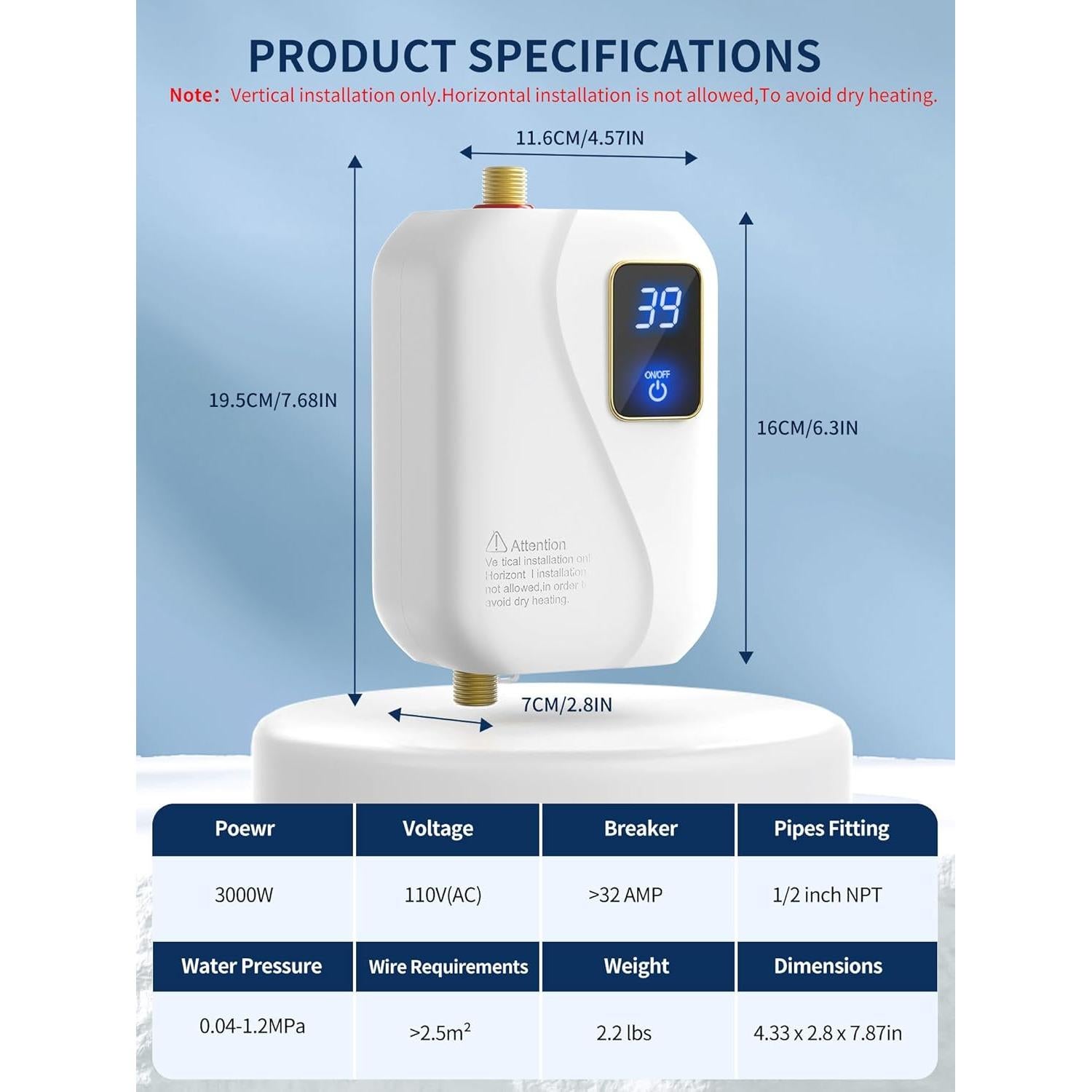 Calentador de Agua Eléctrico Instantáneo Green Point 3000W