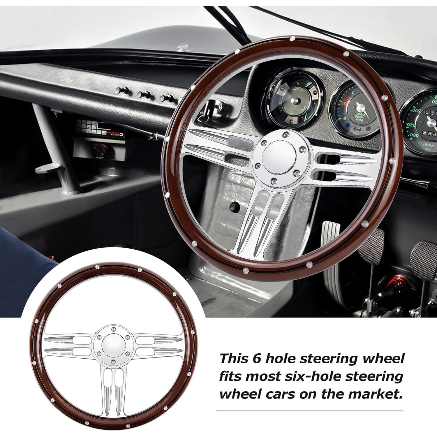 Volante de Madera QYMOPAY 14-15" 3 Rayos 6 Agujeros Rally