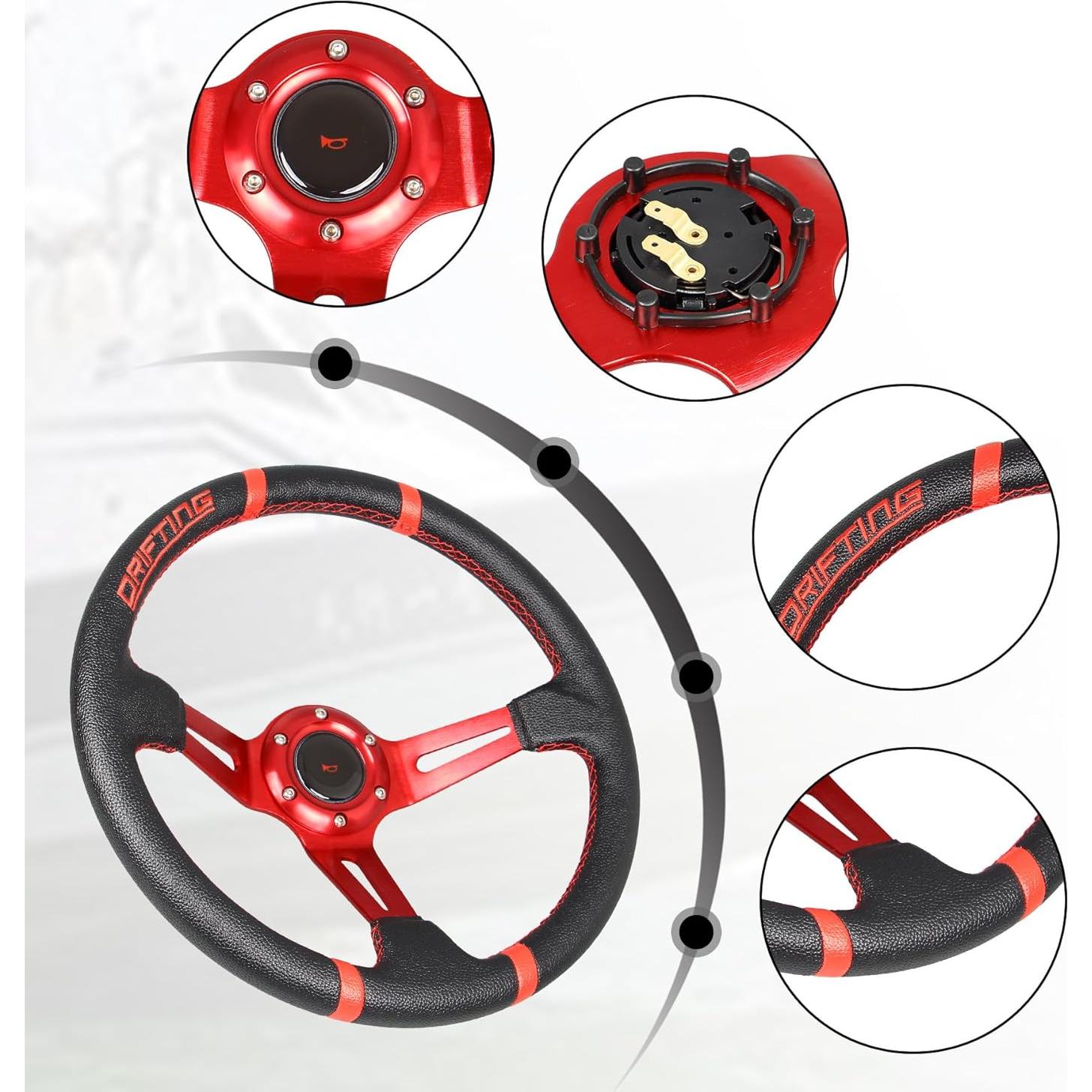 Volante de Carreras YEHICY 350mm Rojo Cuero Simulador