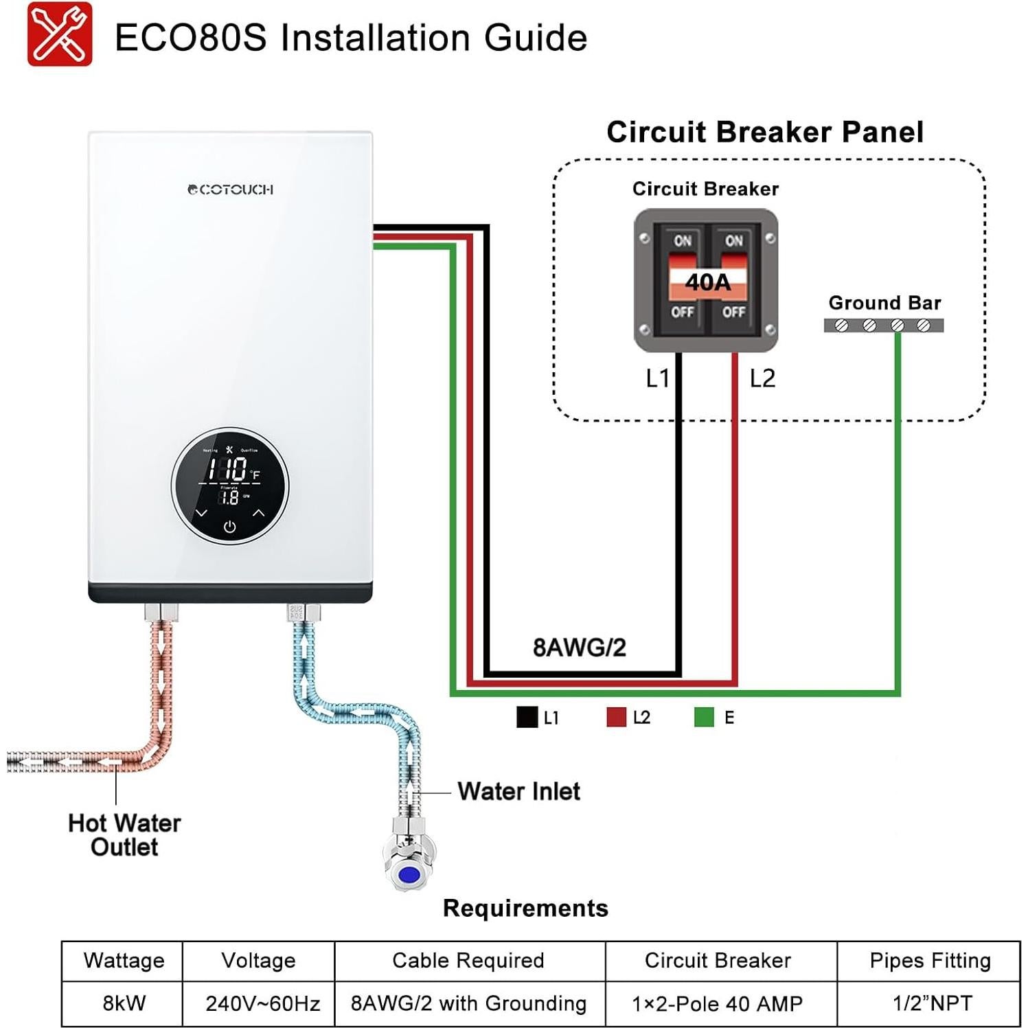 Calentador de Agua Eléctrico Sin Tanque ECOTOUCH ECO80S 8kW