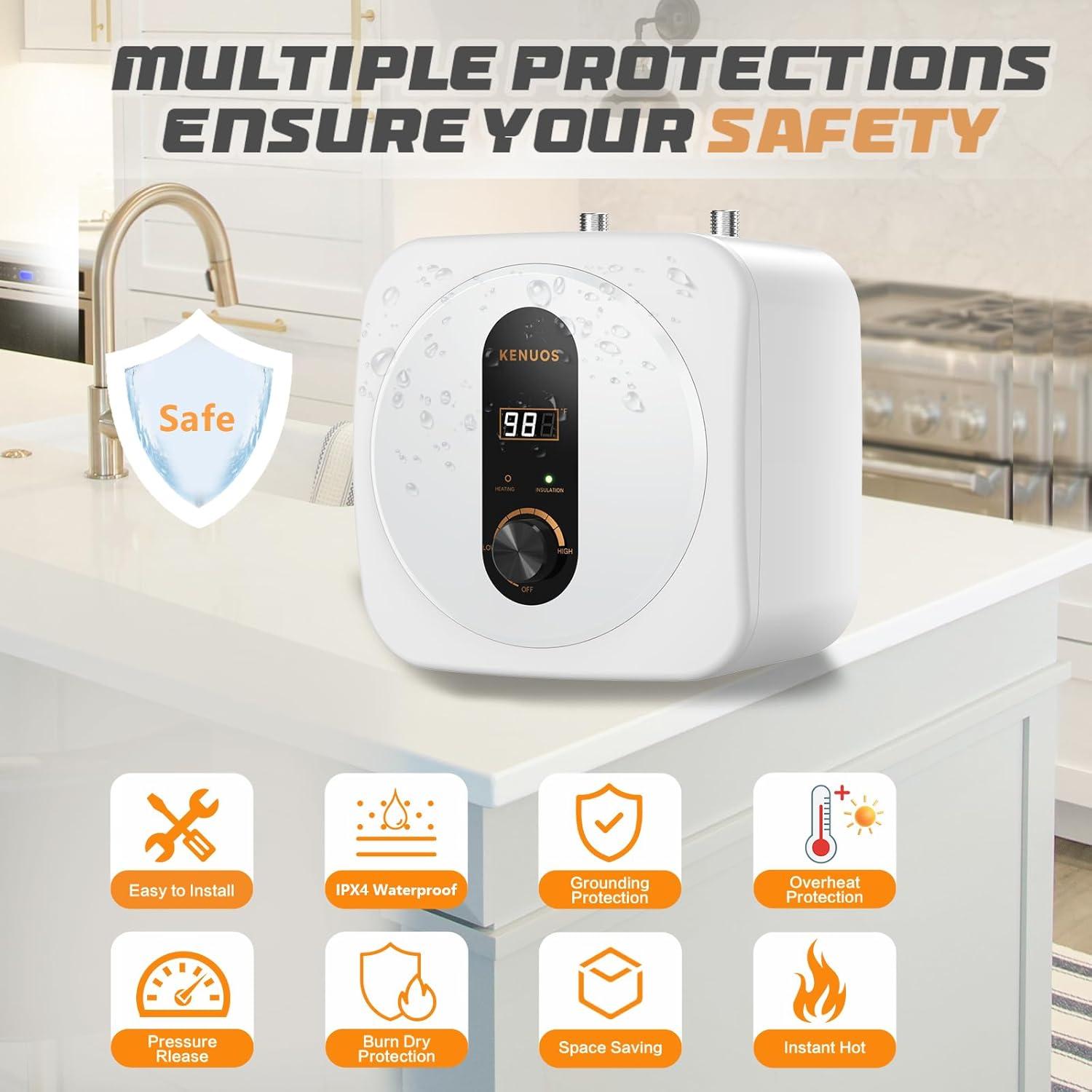 Calentador de Agua Instantáneo KENUOS 2.5 Galones 1500W LED
