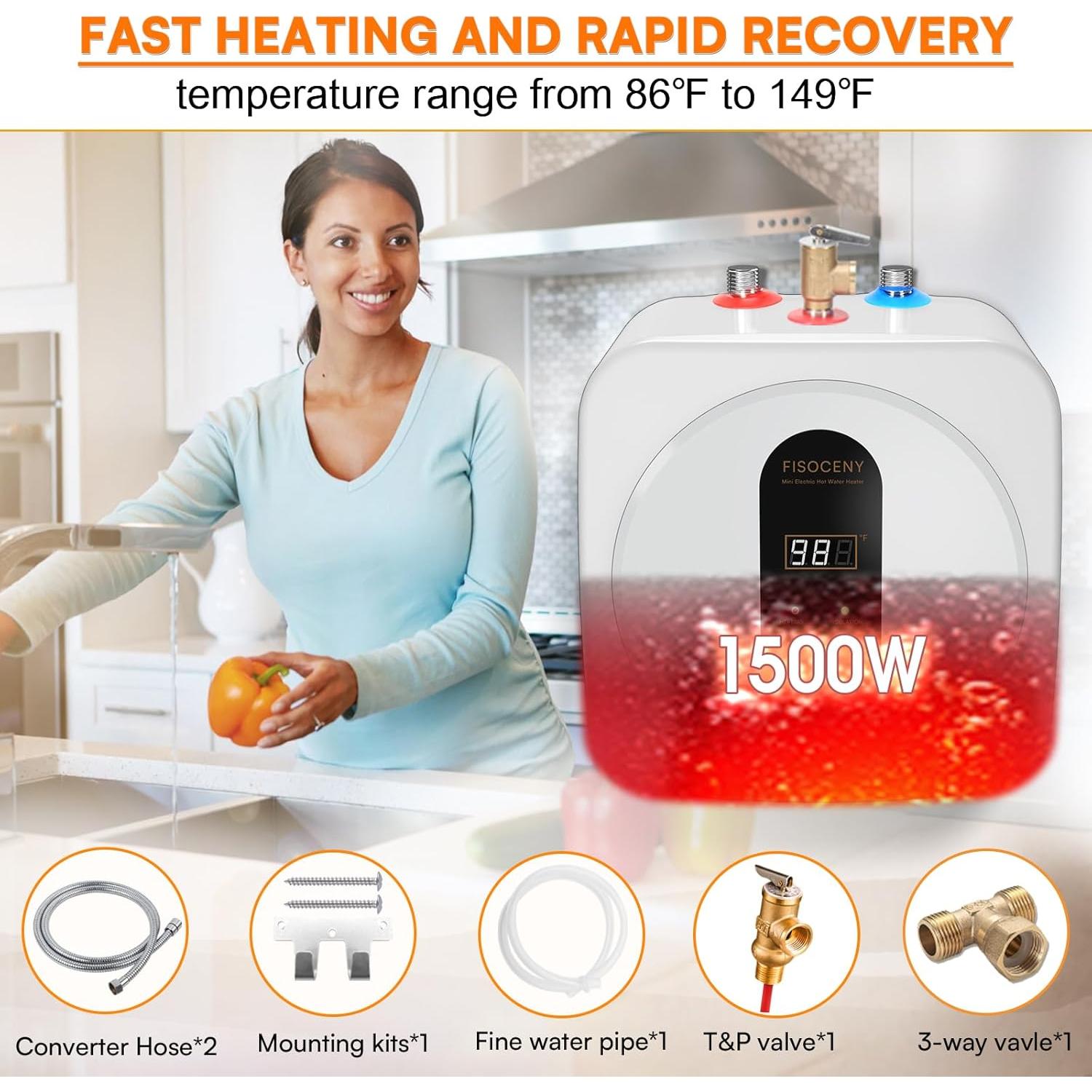 Calentador de Agua Instantáneo KENUOS 2.5 Galones 1500W LED