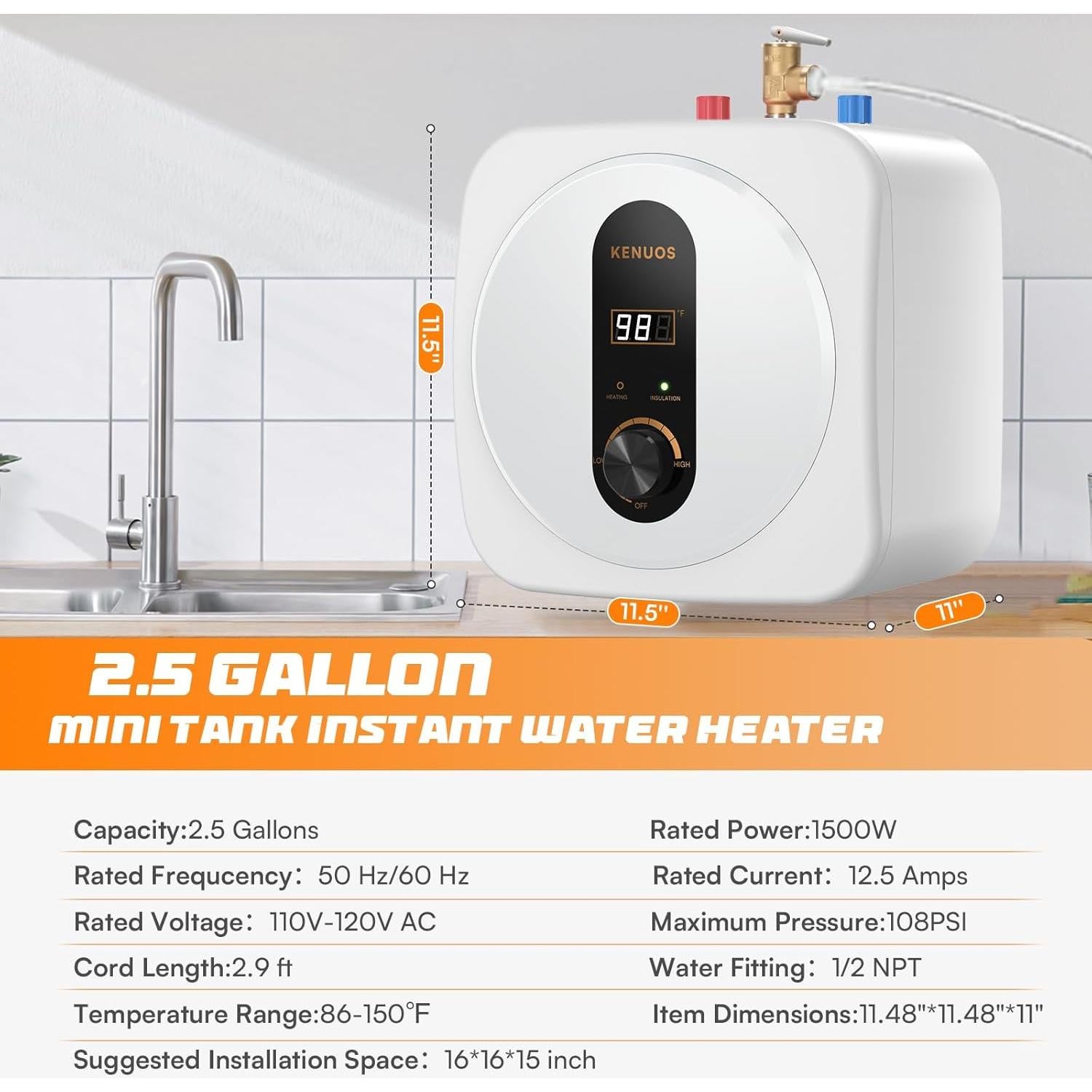 Calentador de Agua Instantáneo KENUOS 2.5 Galones 1500W LED