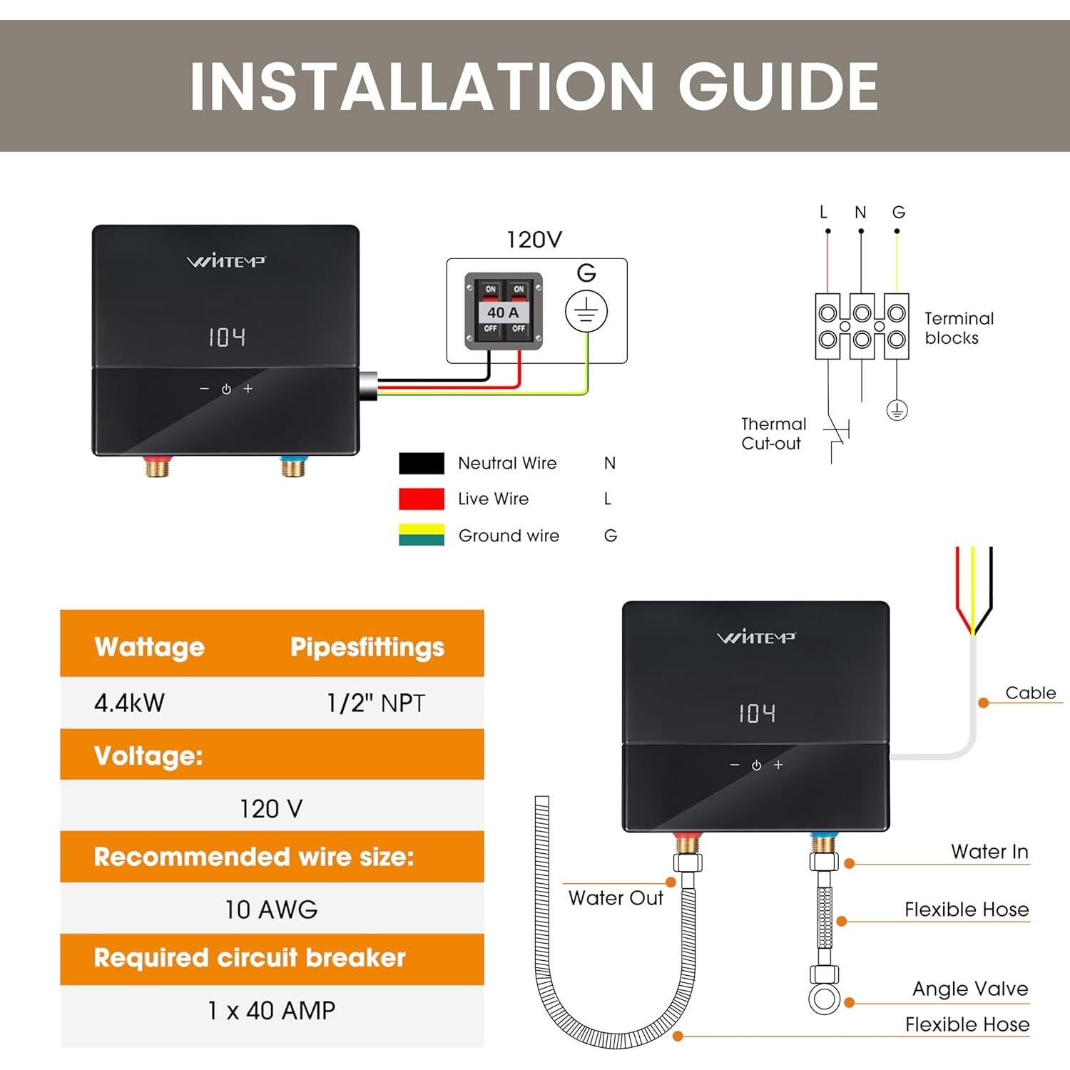 Calentador de Agua Eléctrico Sin Tanque WINTEMP KJU144 4.4kW