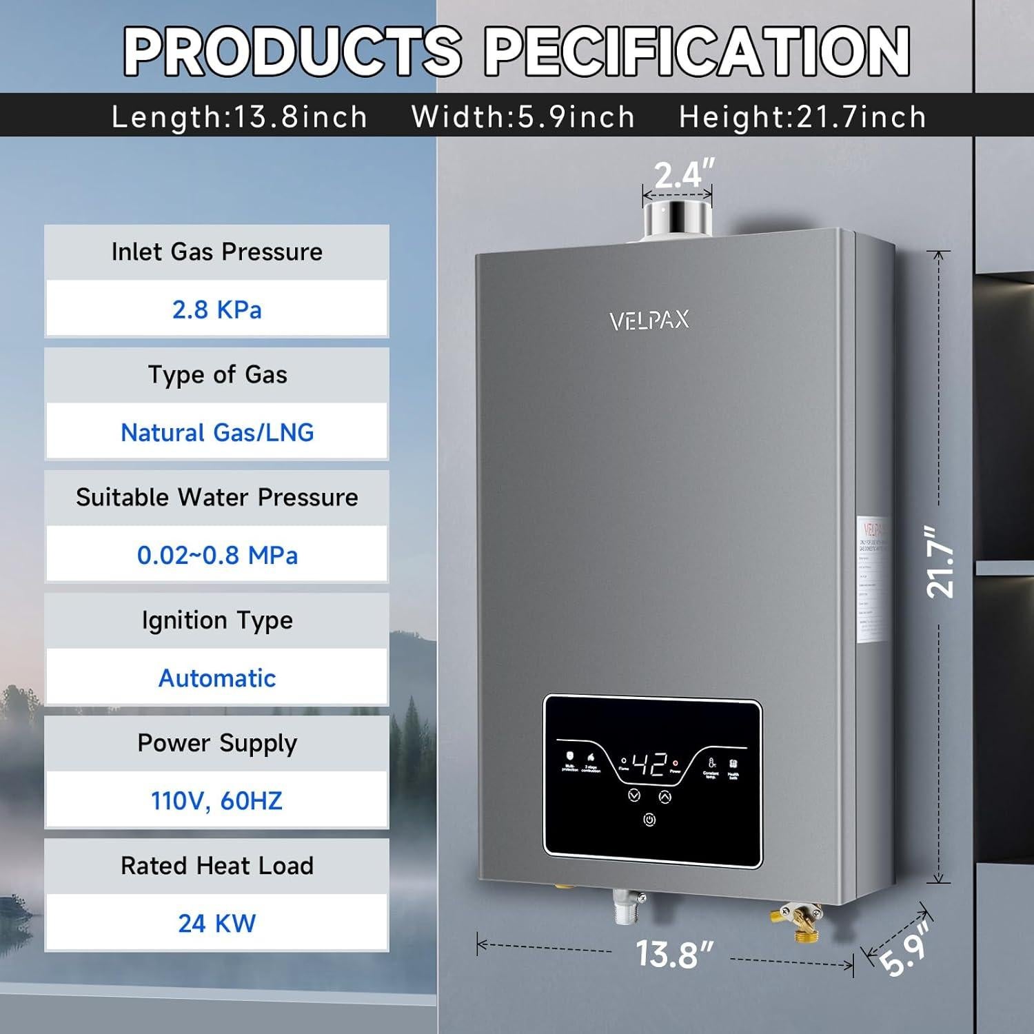 Calentador de Agua Sin Tanque VELPAX 16L Gas Natural Interior