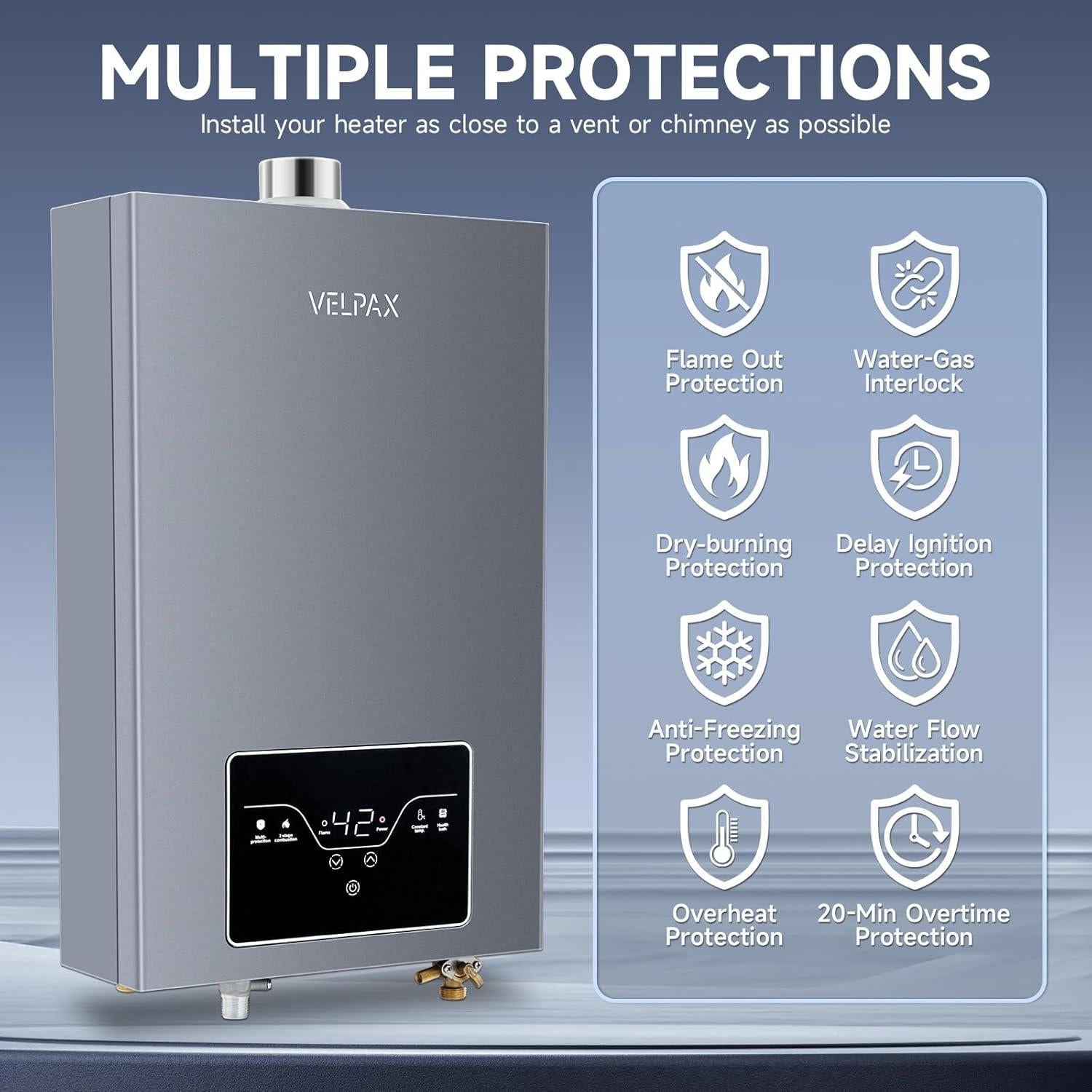 Calentador de Agua Sin Tanque VELPAX 16L Gas Natural Interior