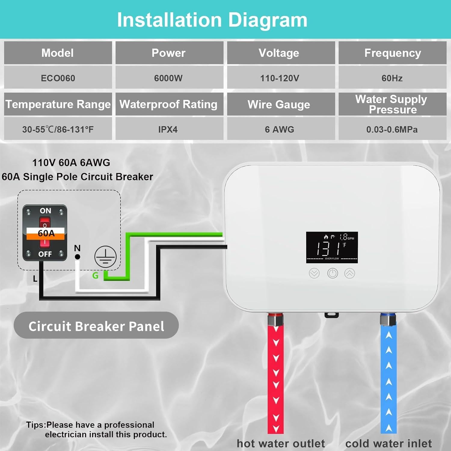Calentador de Agua Sin Tanque Kweetle 6000W 120V Digital