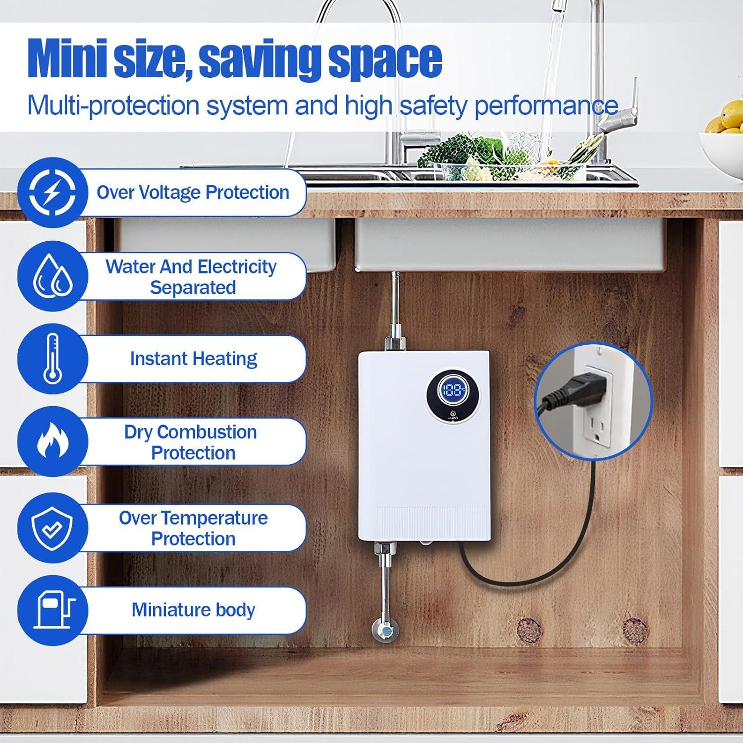 Tankless Water Heater Electric 110V 3000W, Space-Saving Instant Hot Water Heater Under Sink with Digital Display, Portable Mini Electric Water Heater for Kitchen Bathroom RVs