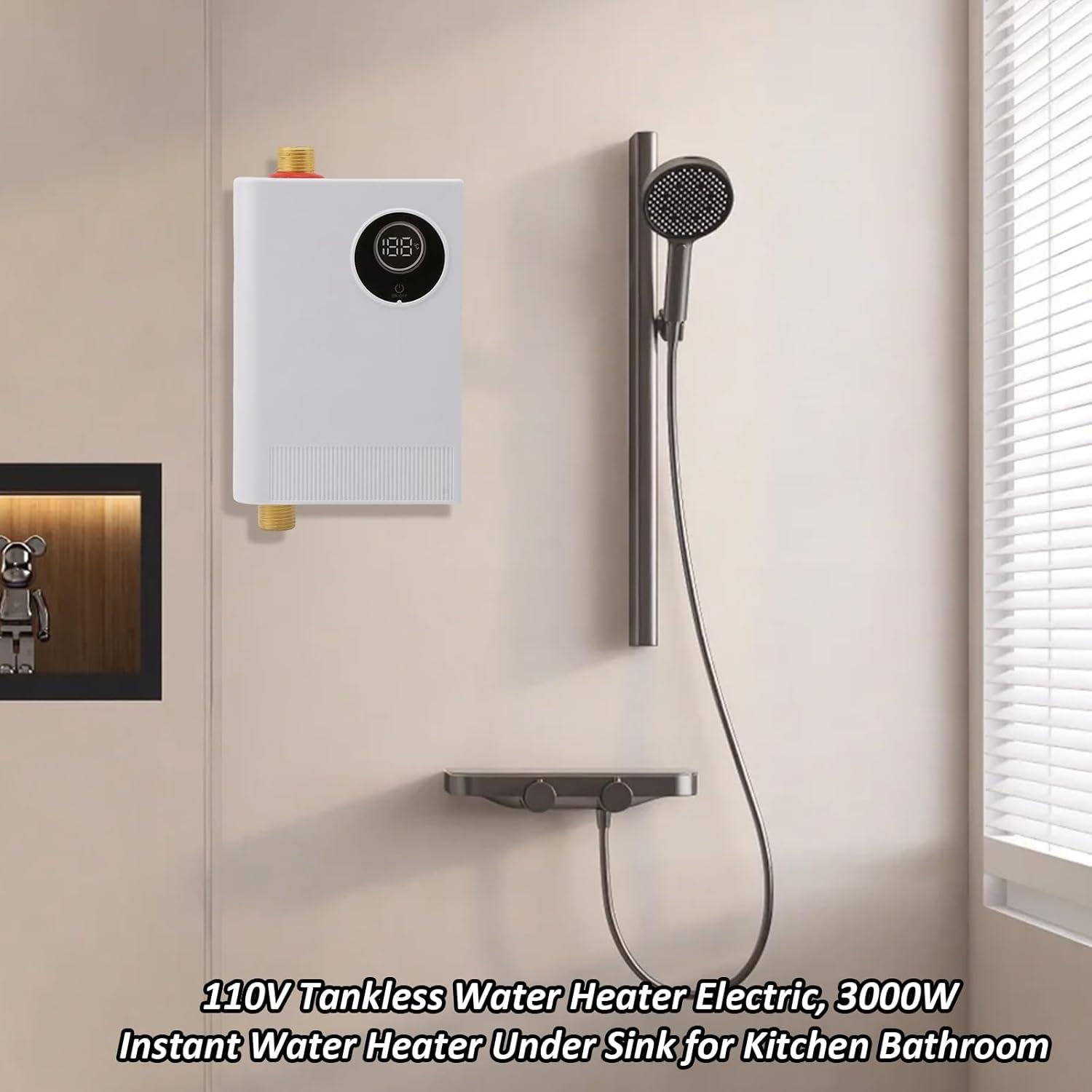 Tankless Water Heater Electric 110V 3000W, Space-Saving Instant Hot Water Heater Under Sink with Digital Display, Portable Mini Electric Water Heater for Kitchen Bathroom RVs