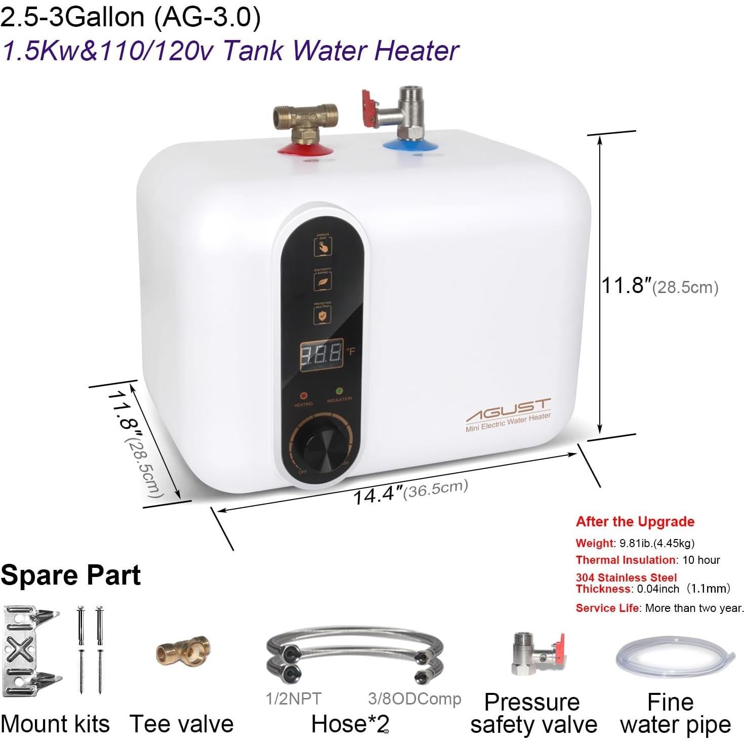 Calentador de Agua Eléctrico Instantáneo Agust 3.0 Galones 1.5KW