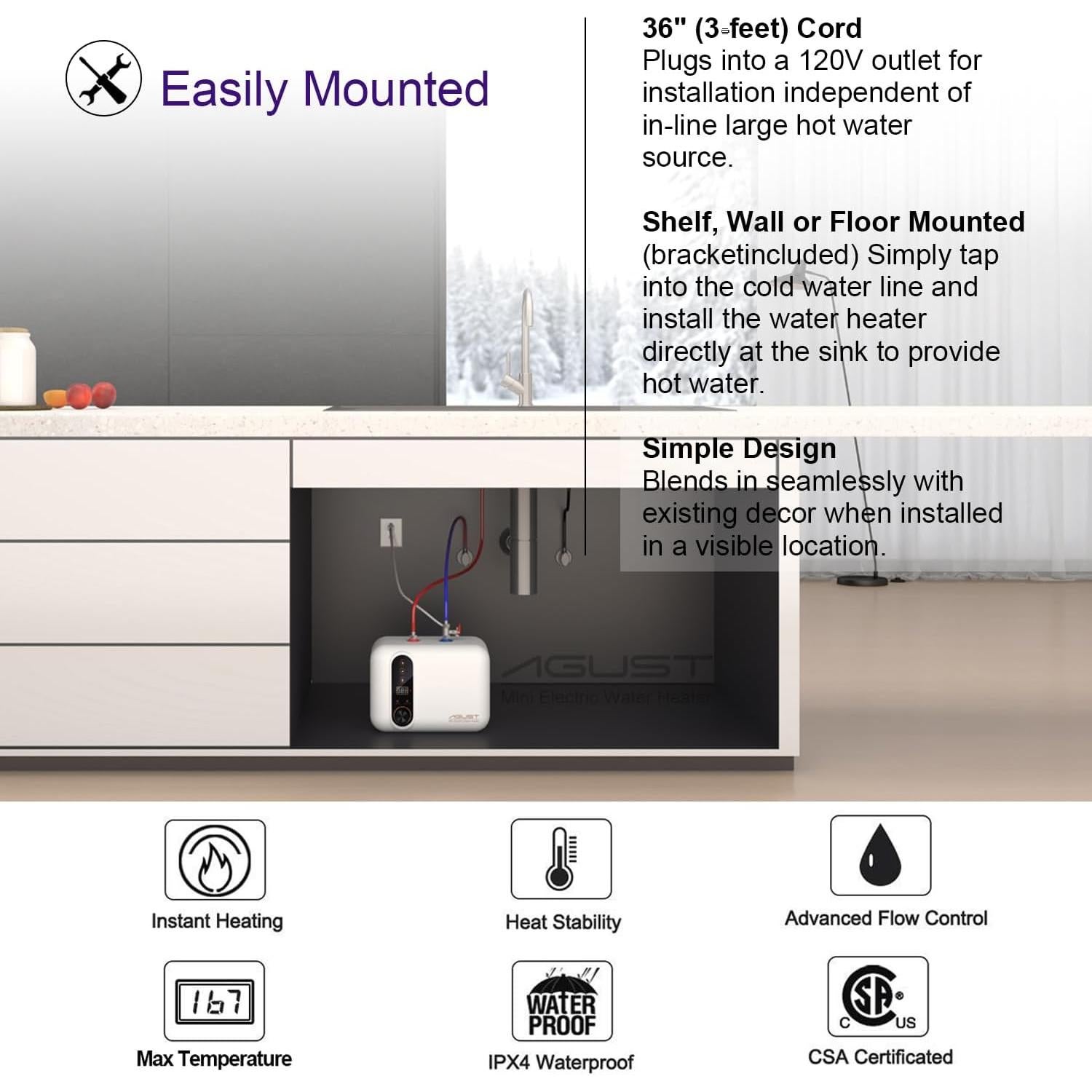 Calentador de Agua Eléctrico Instantáneo Agust 3.0 Galones 1.5KW