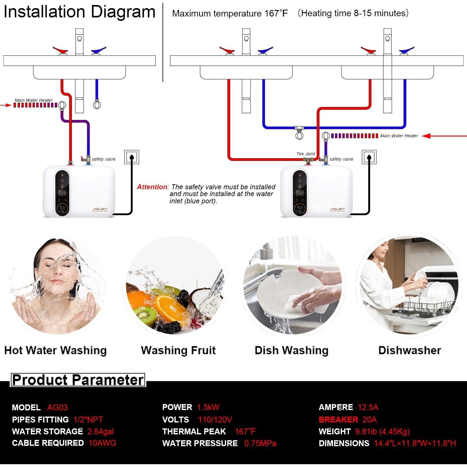 Calentador de Agua Eléctrico Instantáneo Agust 3.0 Galones 1.5KW