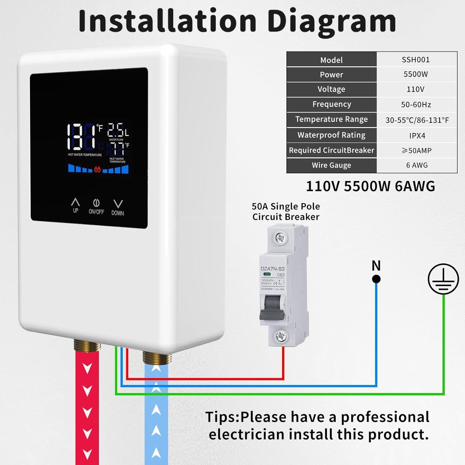Calentador de Agua Eléctrico Sin Tanque Ganggend 5500W 110V