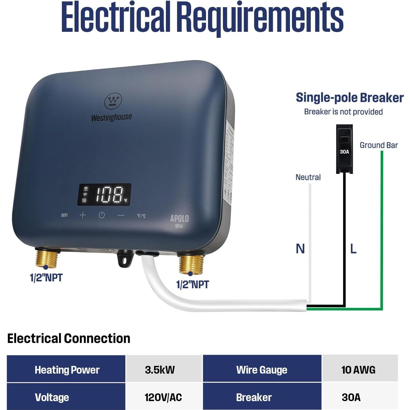 Calentador de Agua Eléctrico Sin Tanque Westinghouse Apolo Mini 3.5kW