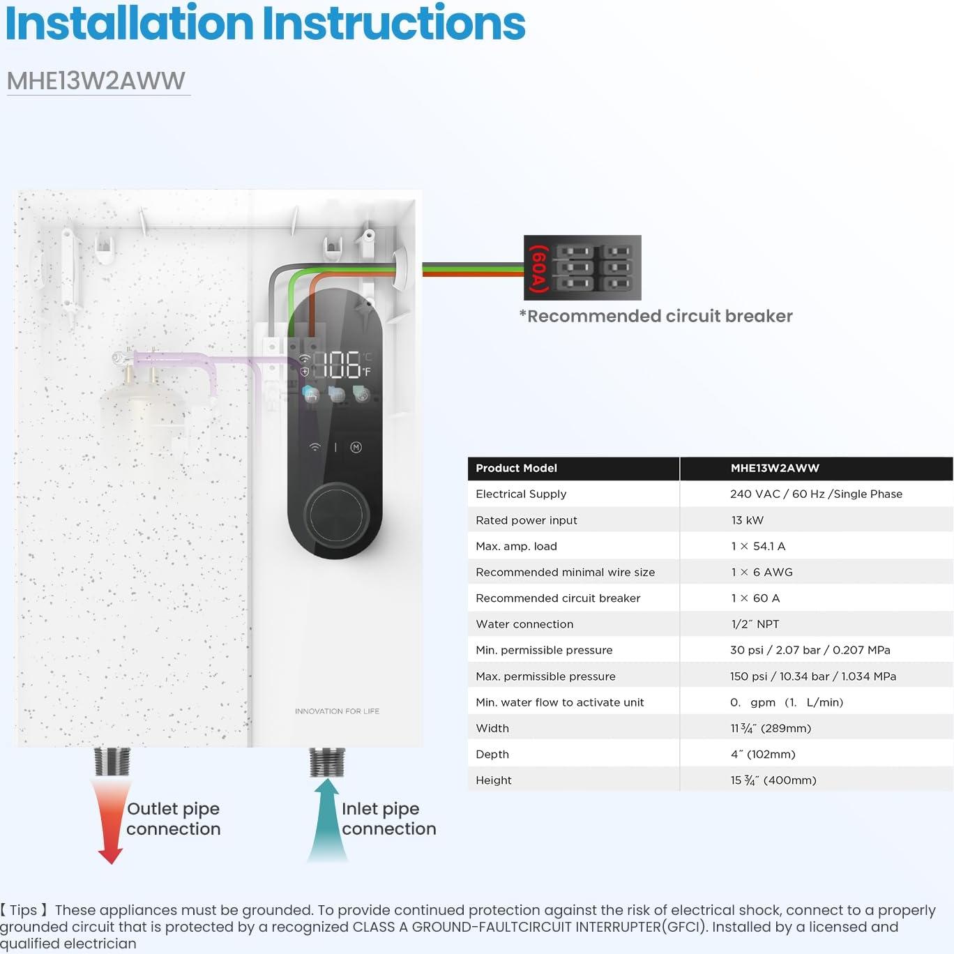 Calentador de Agua Eléctrico Midea 13kW Sin Tanque Wi-Fi