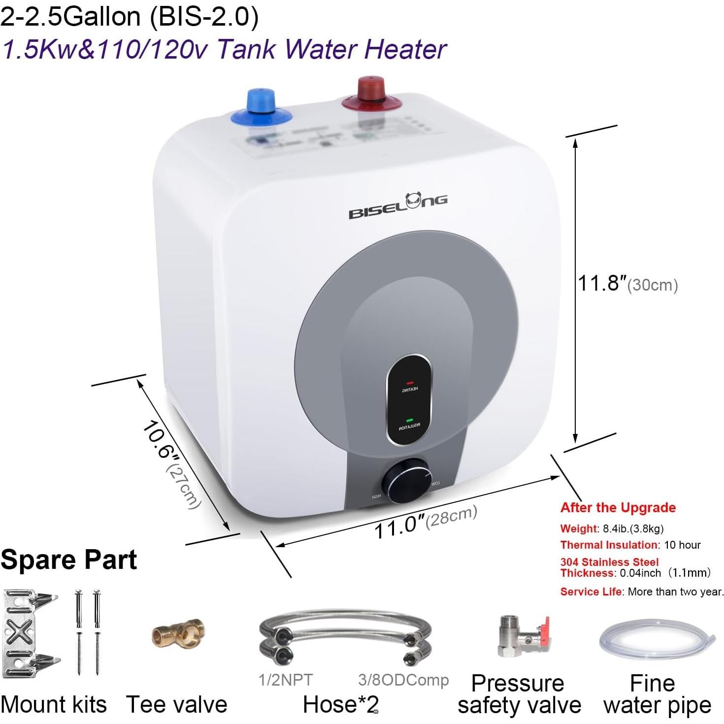 Calentador de Agua Eléctrico BISELONG 2.5 Galones 1500W
