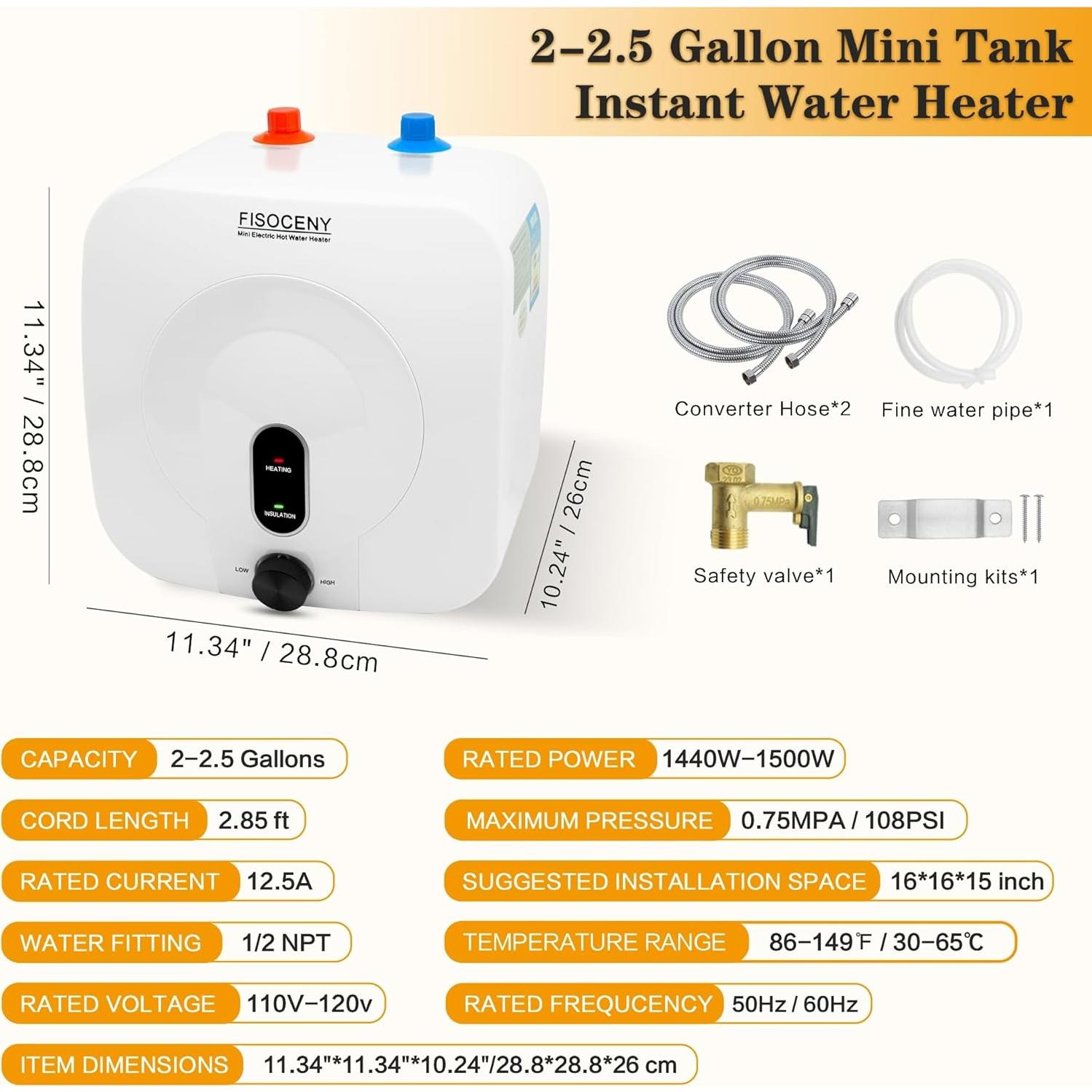 Calentador de agua mini Fisoceny 2.5 galones 1500W blanco