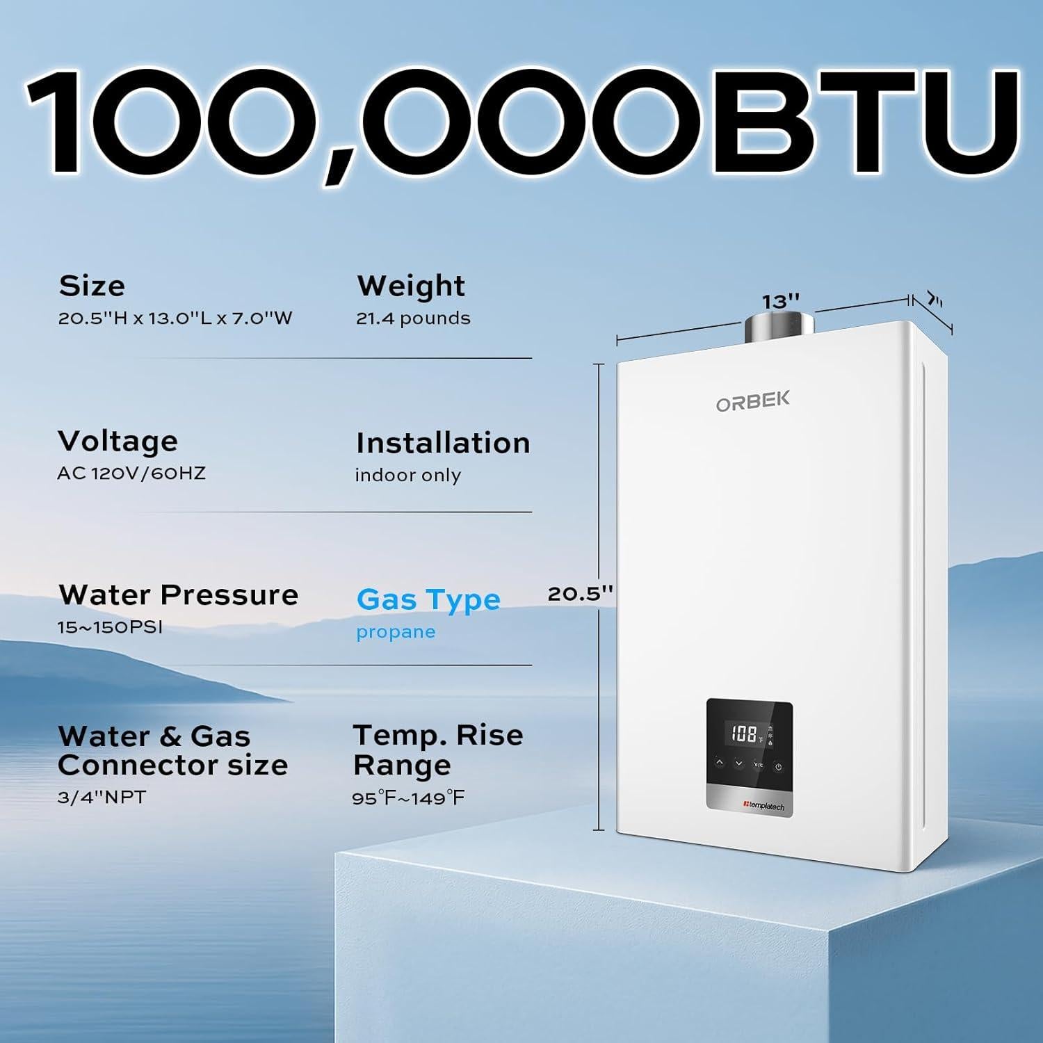 Calentador de Agua Sin Tanque a Gas Propano Orbek 100,000 BTU 4.3 GPM