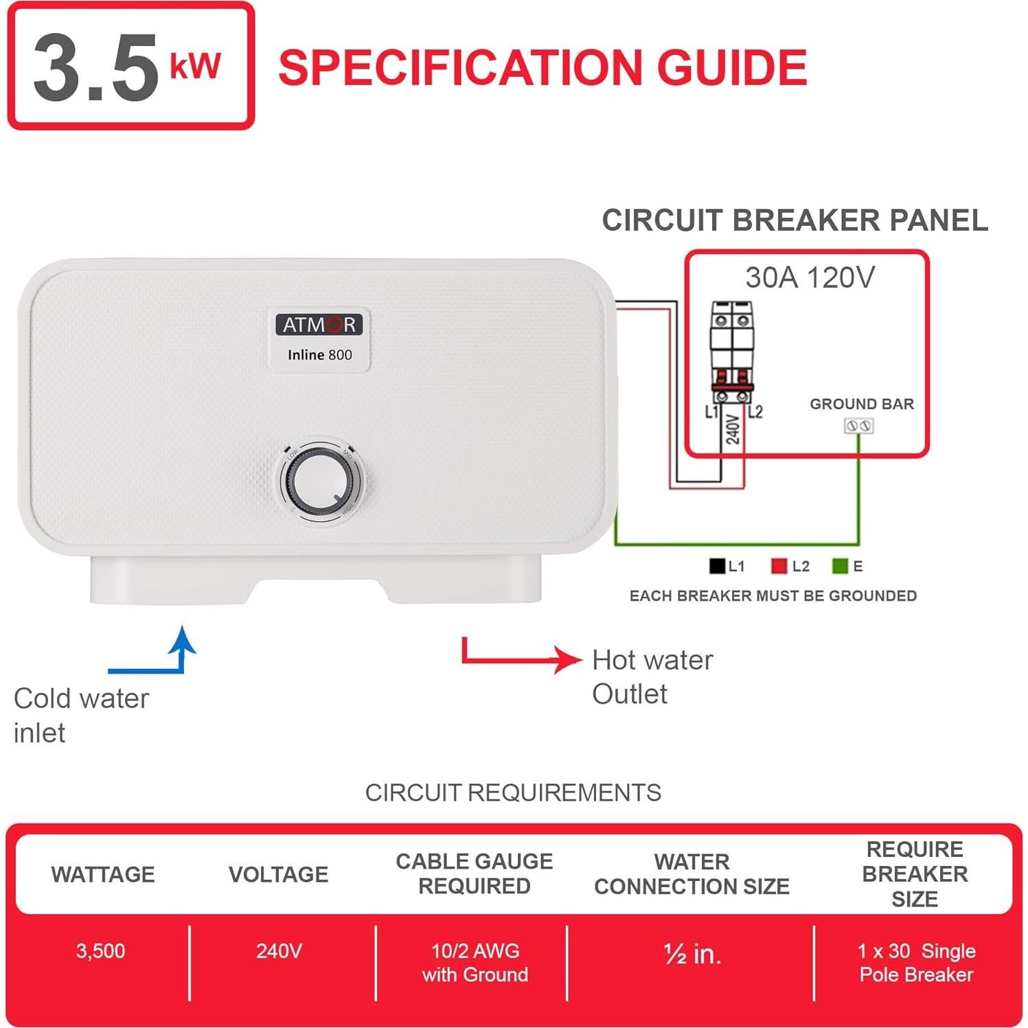 Calentador de Agua Eléctrico Sin Tanque Atmor 3.5 kW 120V