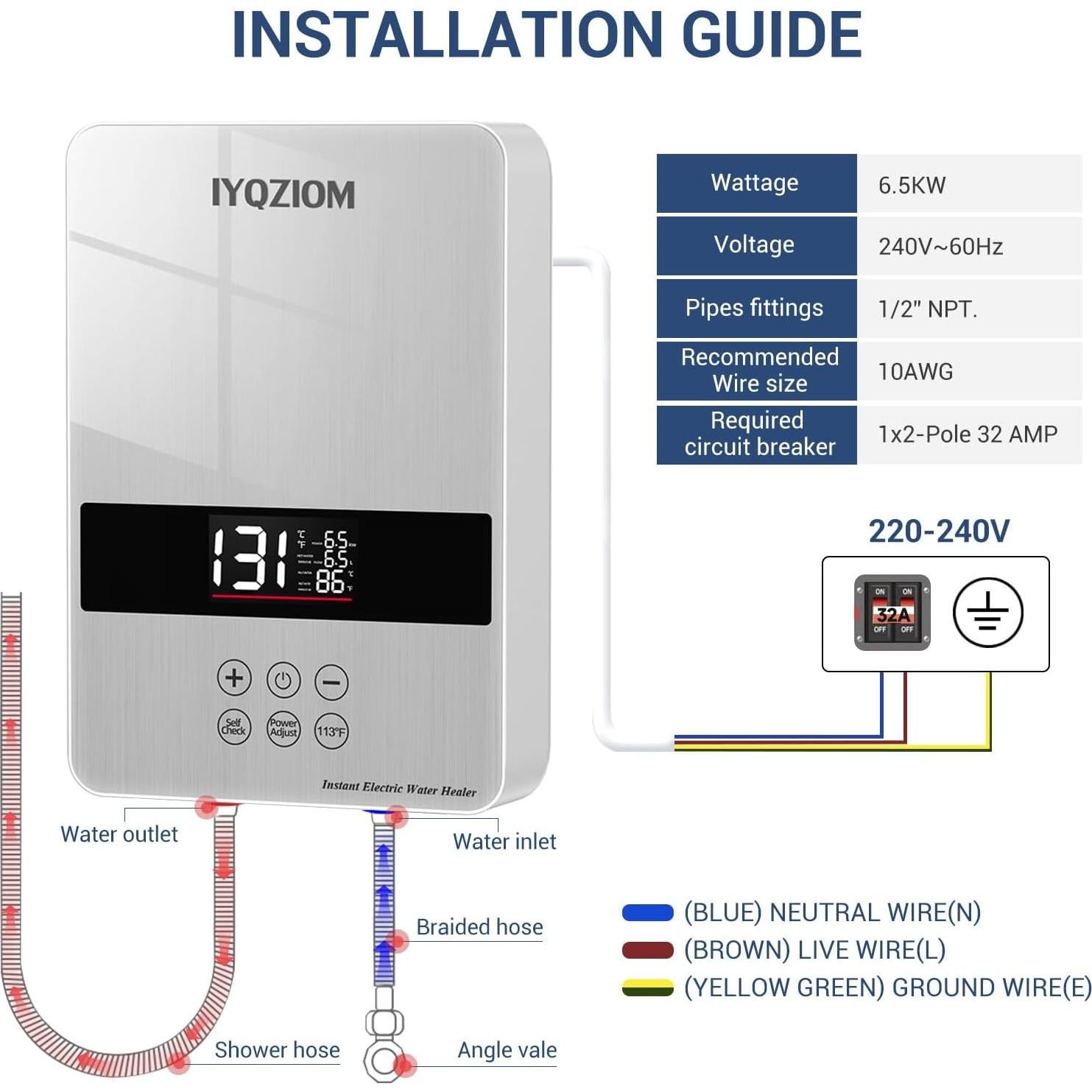 Calentador de Agua Eléctrico Instantáneo IYQZIOM 6.5KW 240V