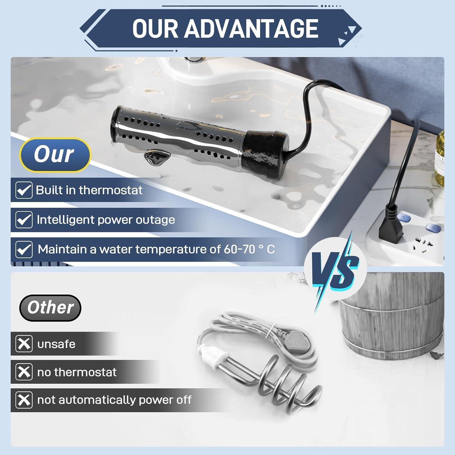 Calentador de Agua Inmerso Dastminear 2000W Portátil con Termómetro