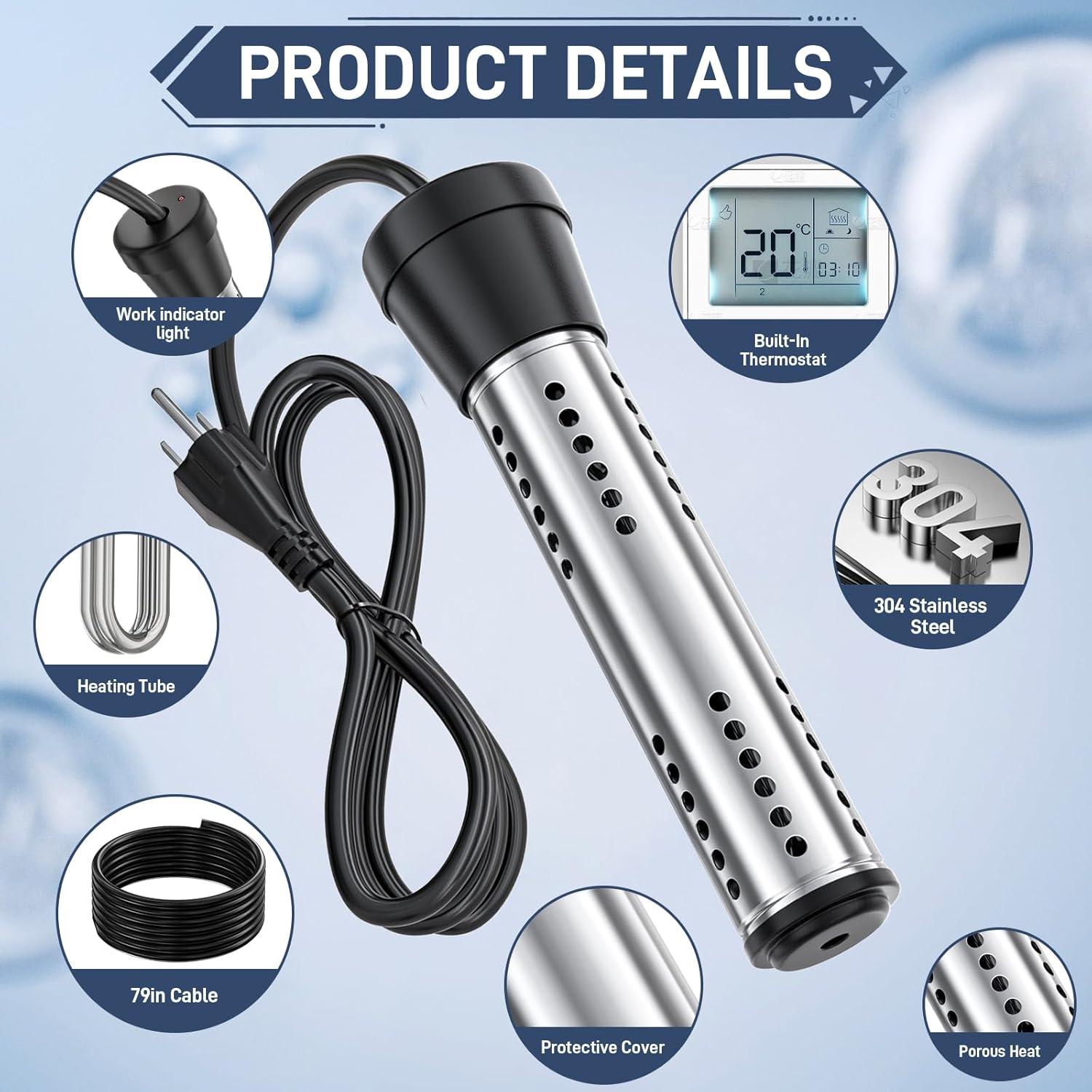 Calentador de Agua Inmerso Dastminear 2000W Portátil con Termómetro