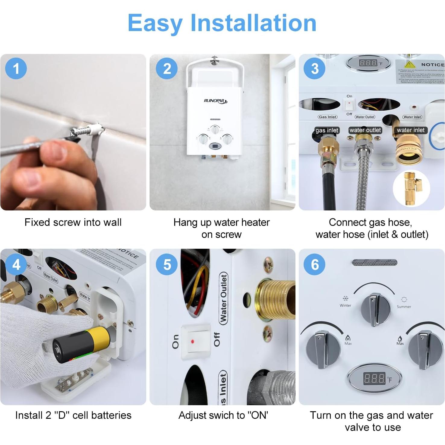 Calentador de Agua Sin Tanque RUINOPAR 6L Portátil 1.58 GPM