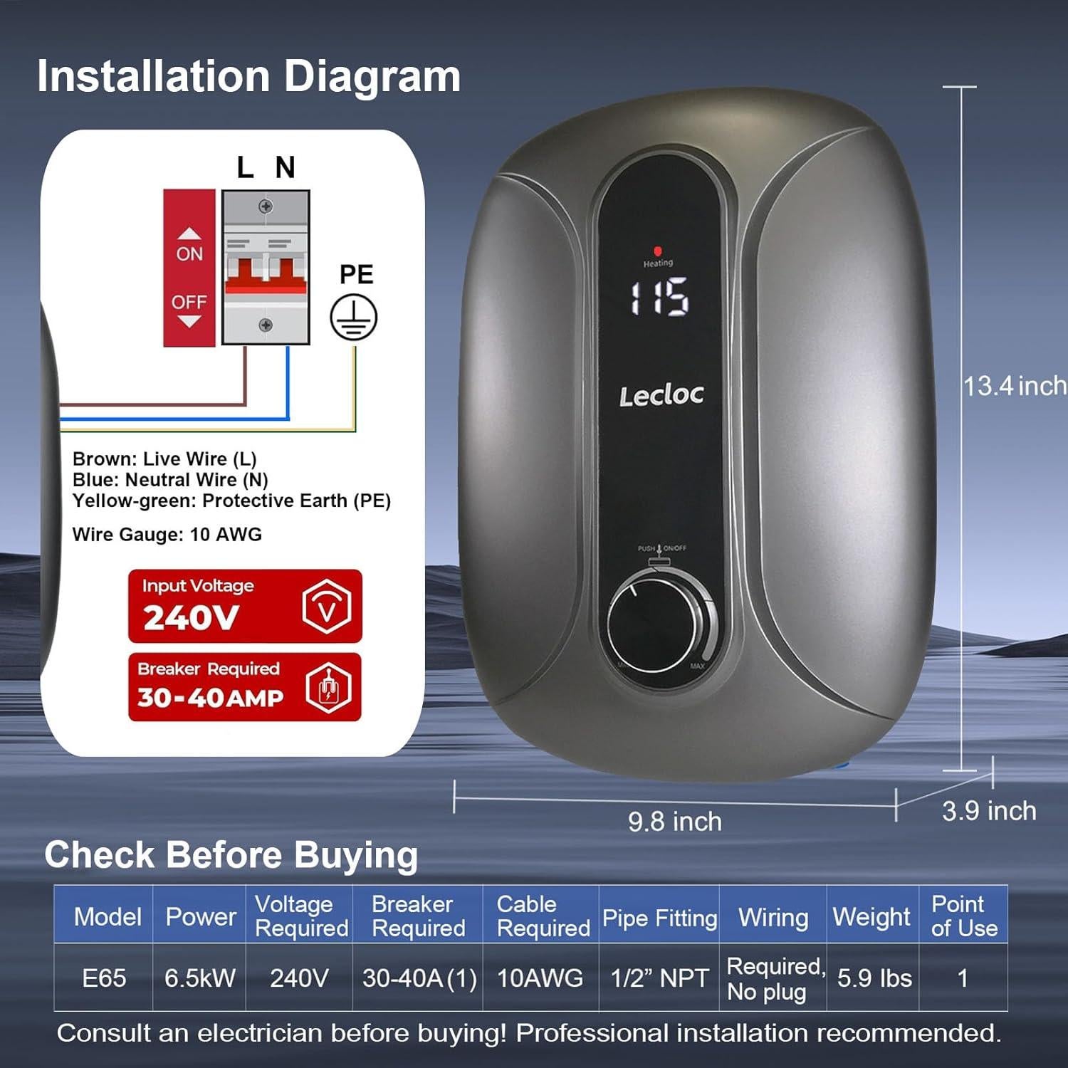 Calentador de Agua Instantáneo Eléctrico LECLOC 6.5kW 240V