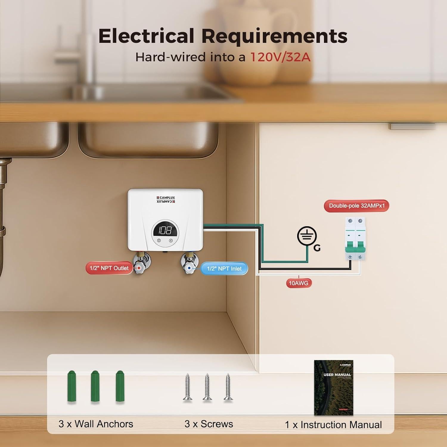 Calentador de Agua Eléctrico Sin Tanque Camplux 3.5kW 120V