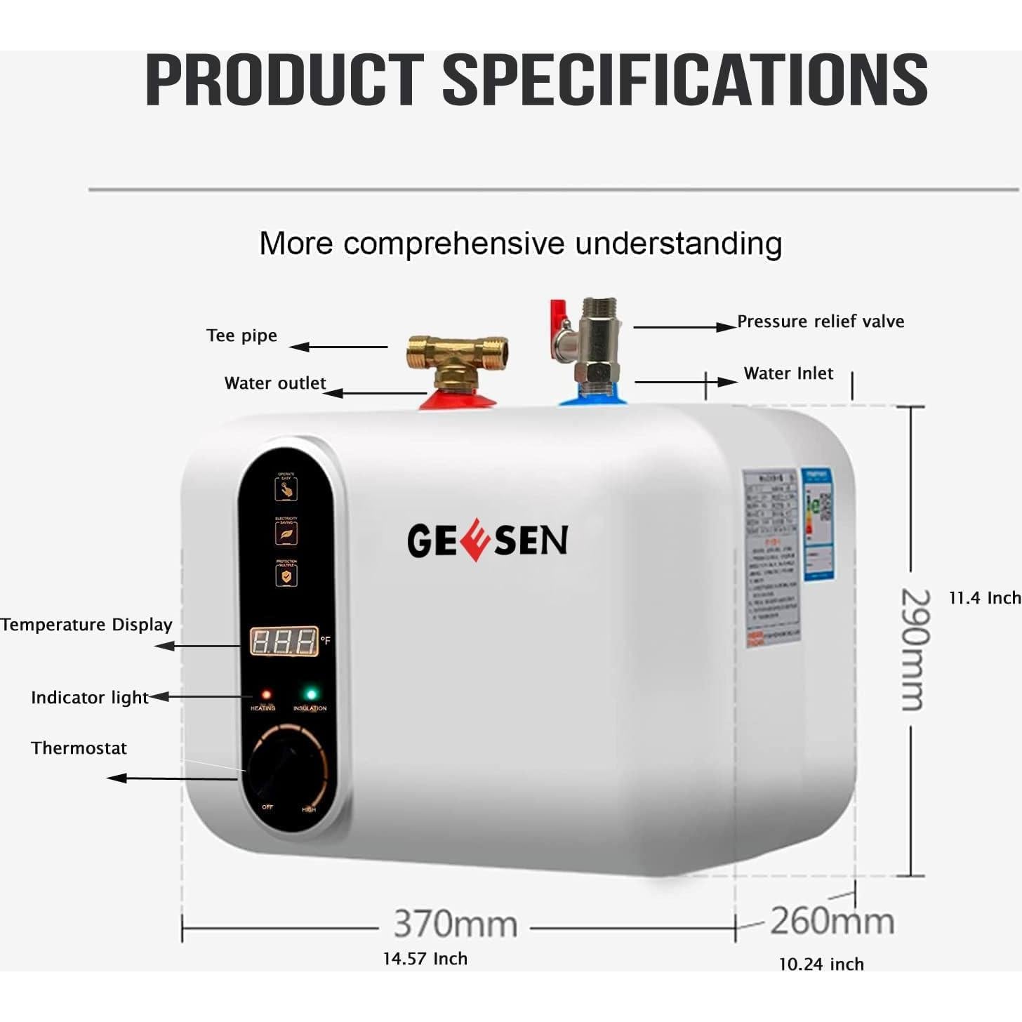 Calentador de Agua Eléctrico GEESEN 3.5 Galones 1.5KW Compacto