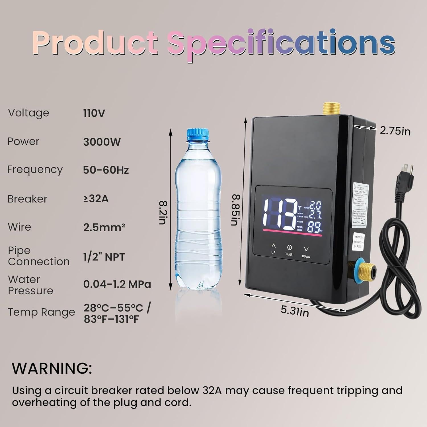 Calentador de Agua Eléctrico Sin Tanque AILOOCEDI 3000W 110V