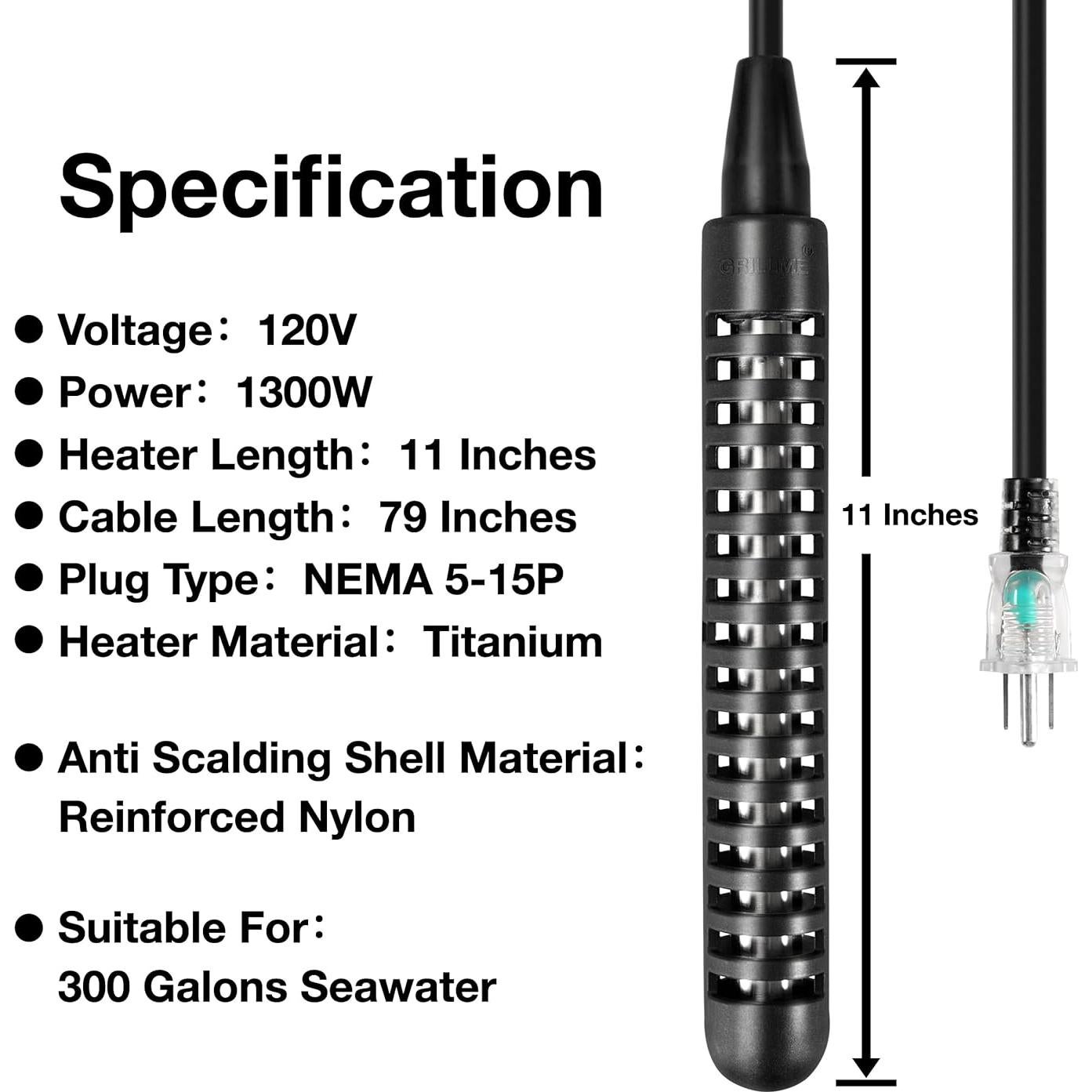 Calentador de Agua Eléctrico Inmerso Titanio 1300W 27.94cm