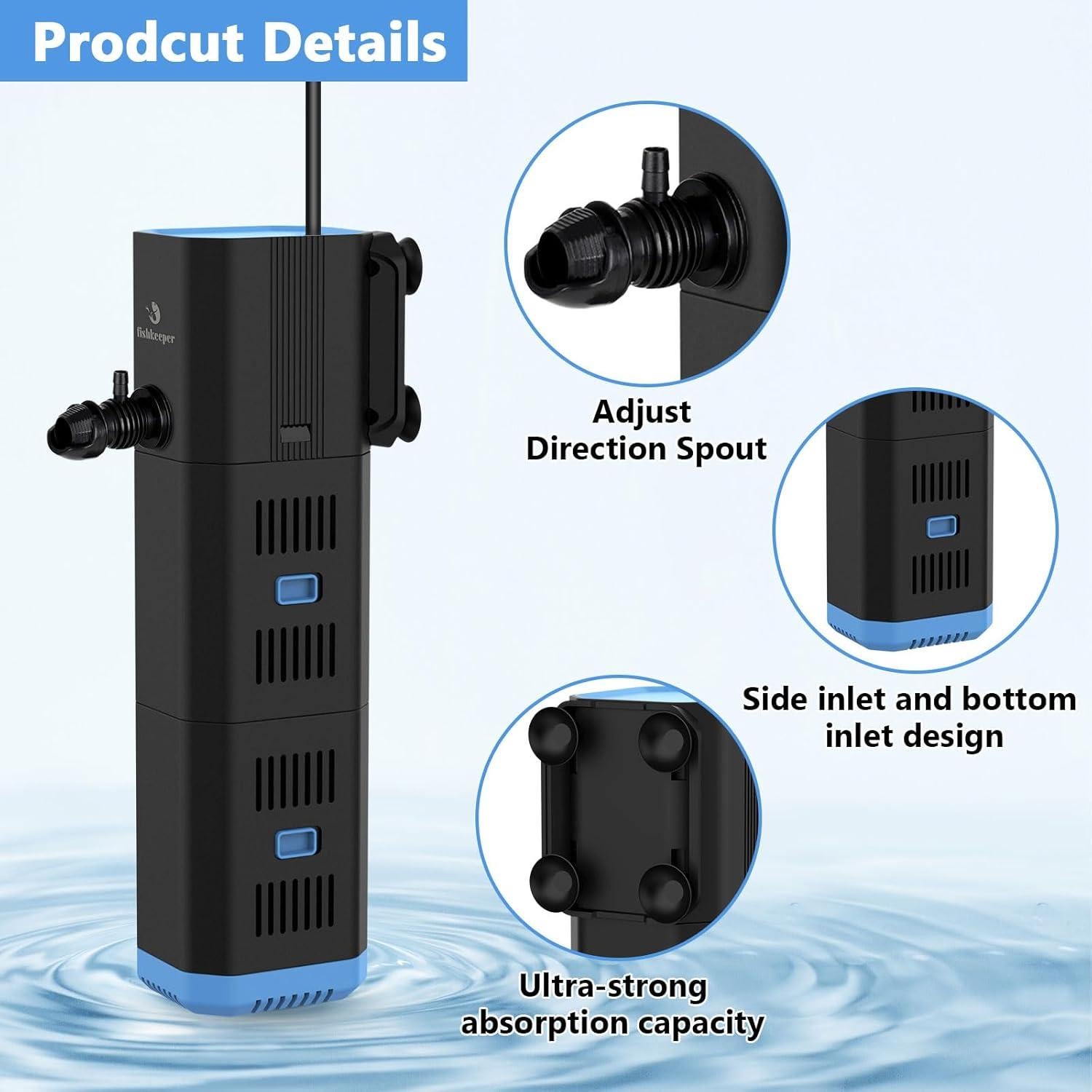 Filtro de Acuario Interno Fishkepper 6W 132GPH para 10-50 Galones