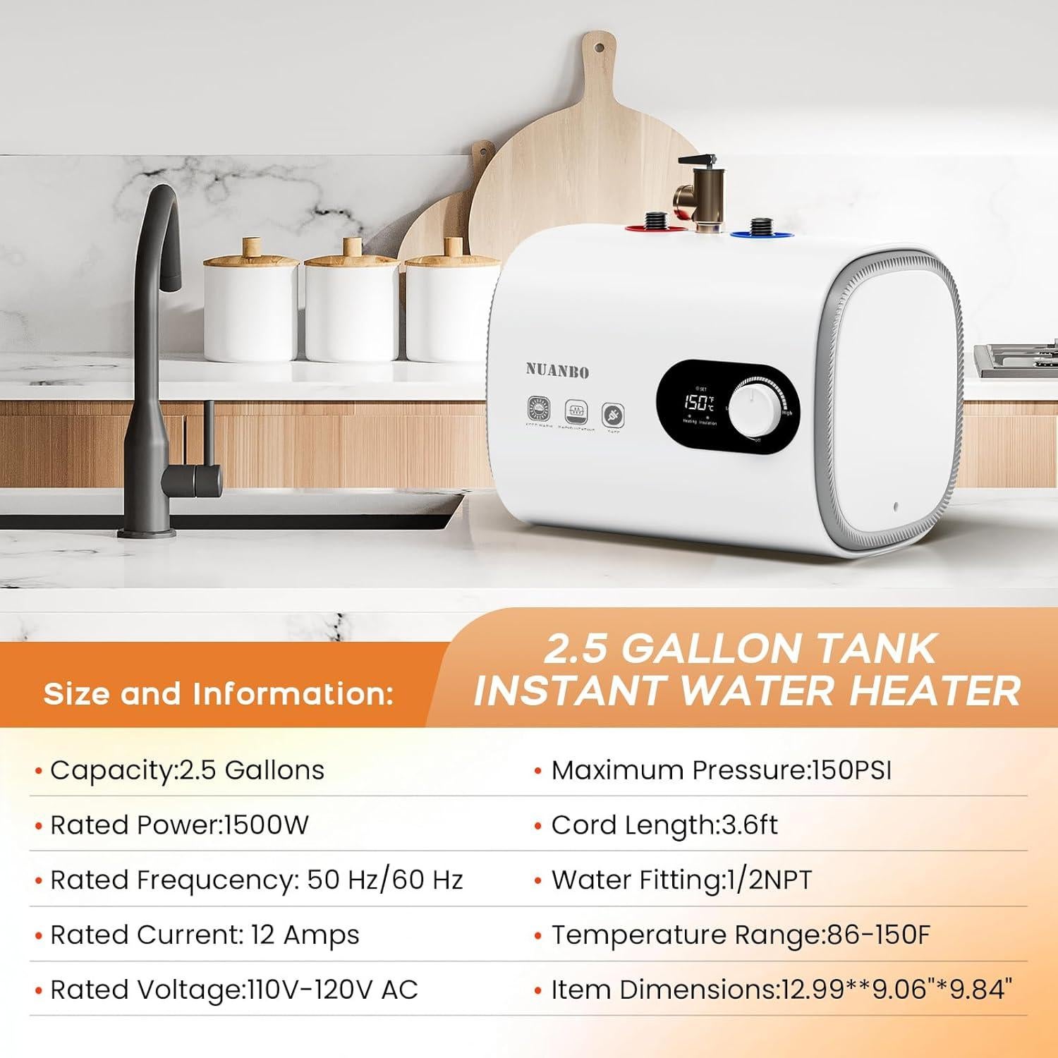 Calentador de Agua Eléctrico NUANBO 9.46L Instantáneo 1500W
