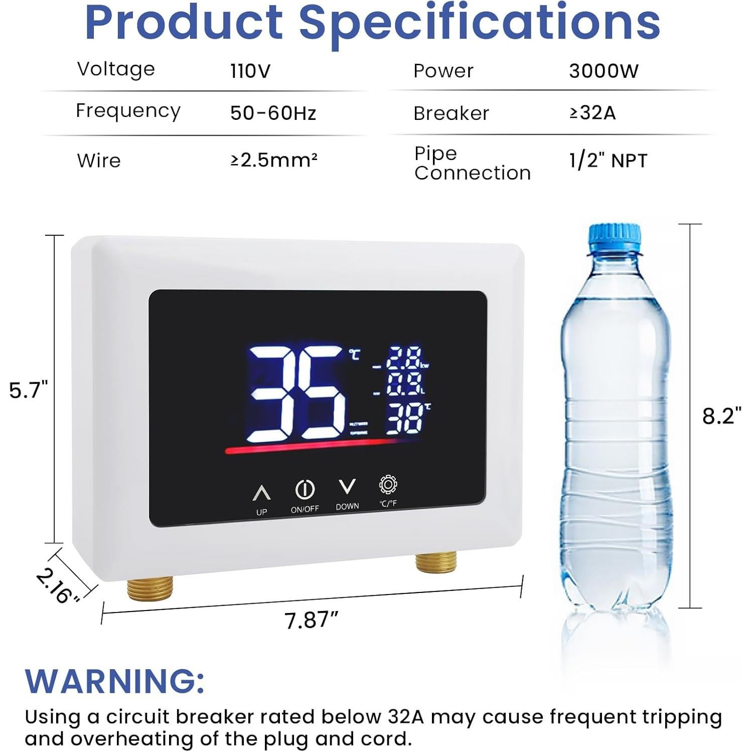 Calentador de Agua Eléctrico Sin Tanque AILOOCEDI 3000W 110V