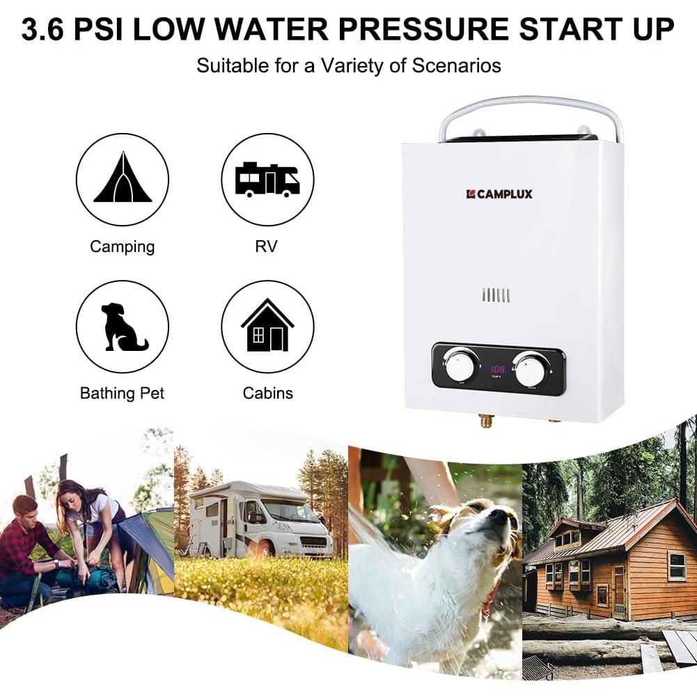 Calentador de Agua Portátil CAMPLUX 1.5 GPM Gas Sin Tanque